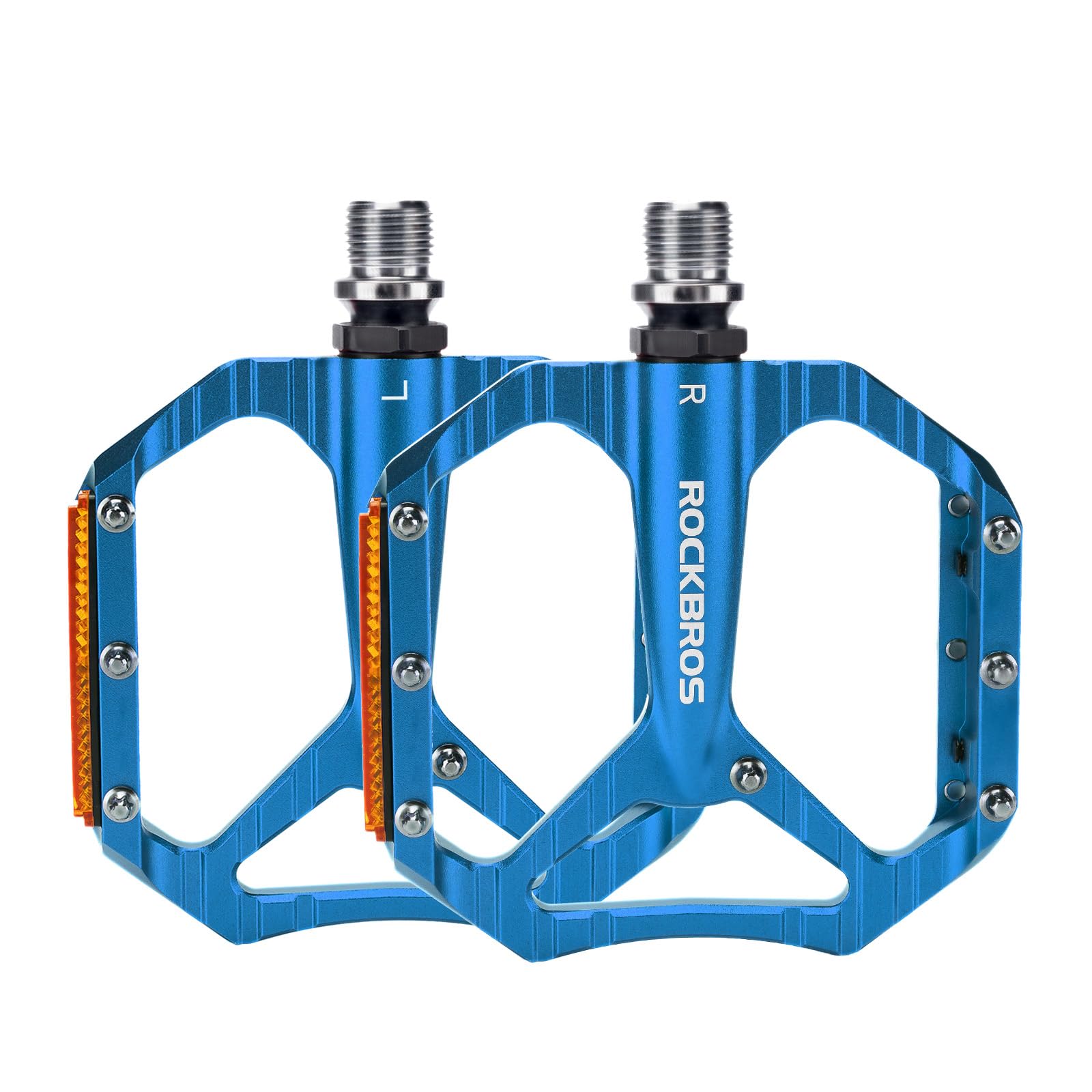 ROCKBROS Bike Pedals with Anti-Slip Pins, Aluminum Wide Platform with Reflectors, Single Sealed Bearing, 9/16”Durable Bicycle Flat Pedals Universal for Road, MTB, BMX, Gravel, City Bikes, Blue