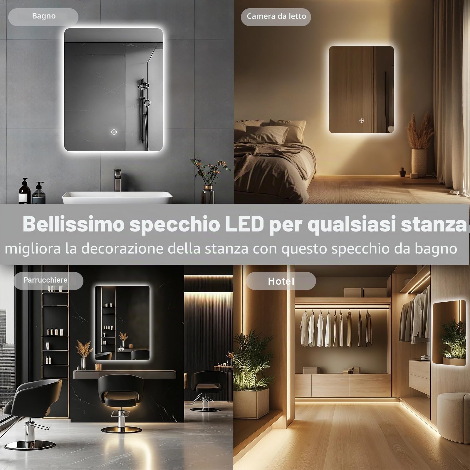 Specchio da bagno a LED per sopra il lavandino, 45 x 60 cm, specchio da bagno elettrico con luci retroilluminate per doccia e rasatura, montaggio a parete, dimmerabile, illuminazione a 3