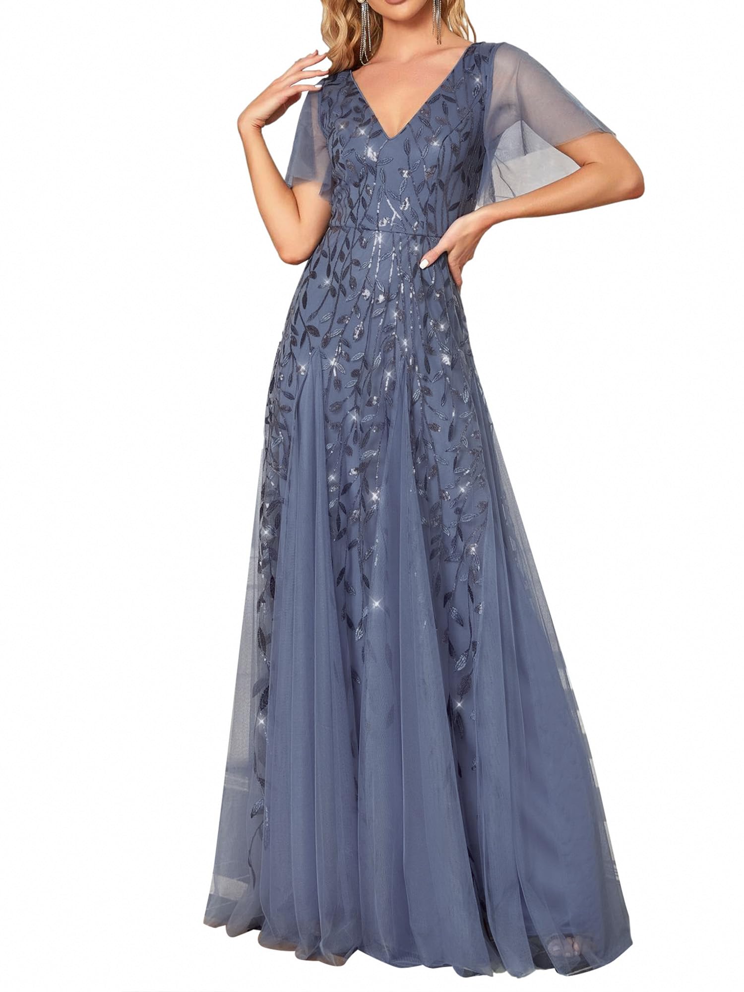 Ever-Pretty Vestidos de Fiesta Mujer Largo Tul Lentejuelas Escote V A-línea Elegantes 00736
