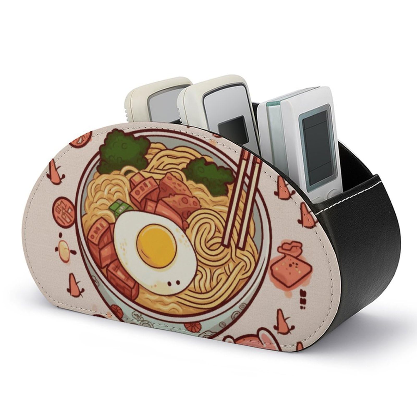 VstaDank Delicious Sweet Ramen Remote Control Holder with 5 Compartments PU Leather Remote Caddy Desktop Organizer Store TV Remote Control Storage Box for Home Office Desk Nightstand