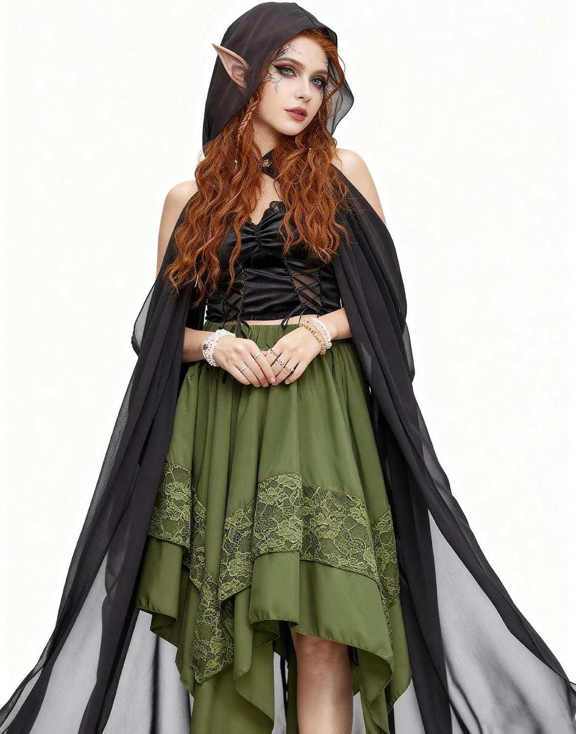 PEHMEA Women's Renaissance Skirt Fairy Flowy High Low Hem with Lace Layered Tiered Gothic Y2K Boho Skirts for Party Consume