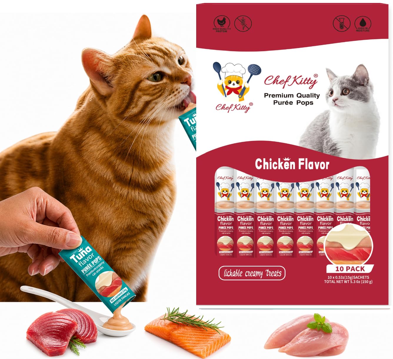 Cat Treats Lickable | Grain-Free Cat Food Toppers, High Protein | Creamy Puree Squeeze Ups with Vitamin E &amp; Taurine, Digestible Formula | 0.5 oz. Each Tube, Chicken Flavor | 10 Tubes