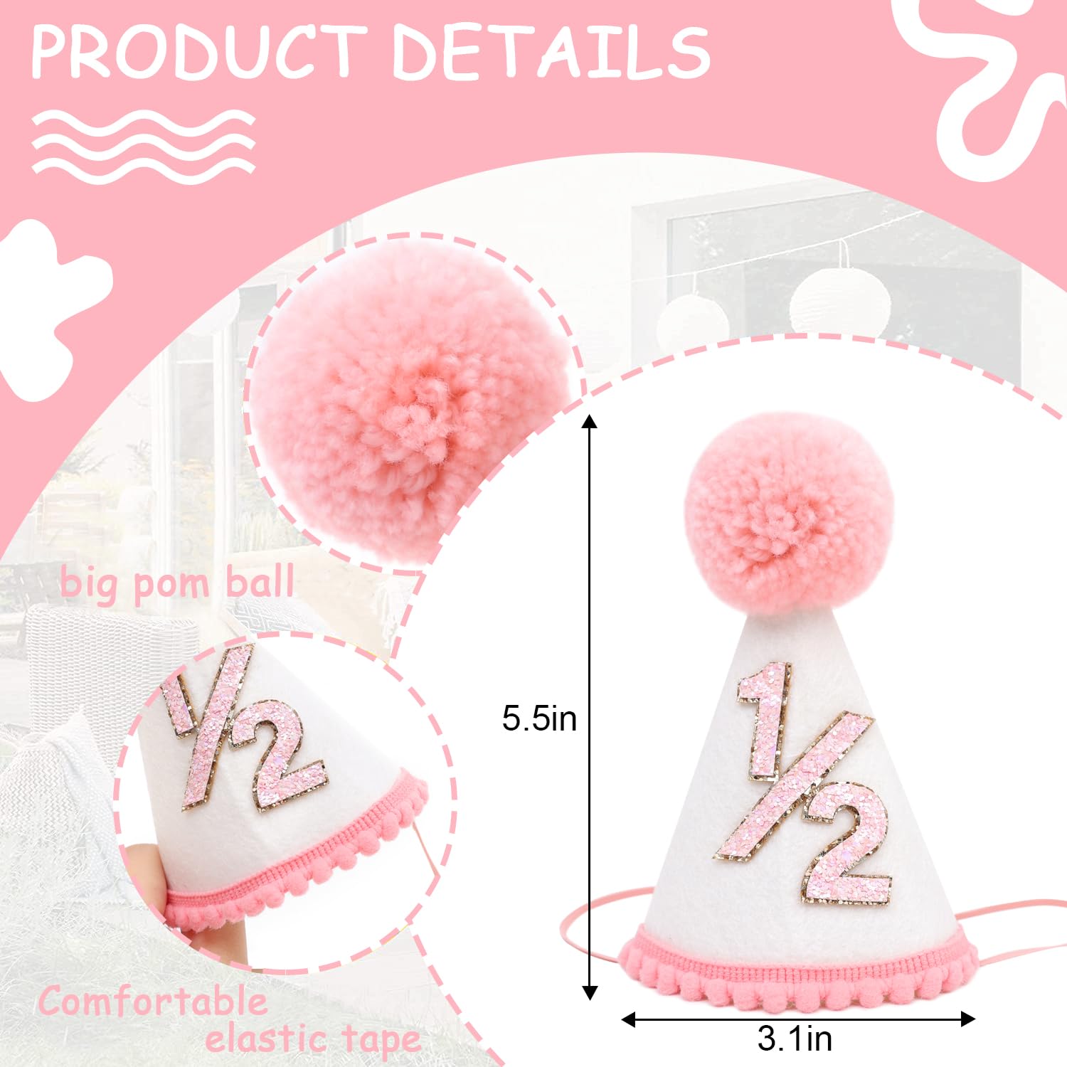 Agvgaza Half Birthday Hat -Baby 1/2 Birthday Cone Hat,Six Months Decorations,Party Hat Outfit for Girls/Boys (White&Pink)