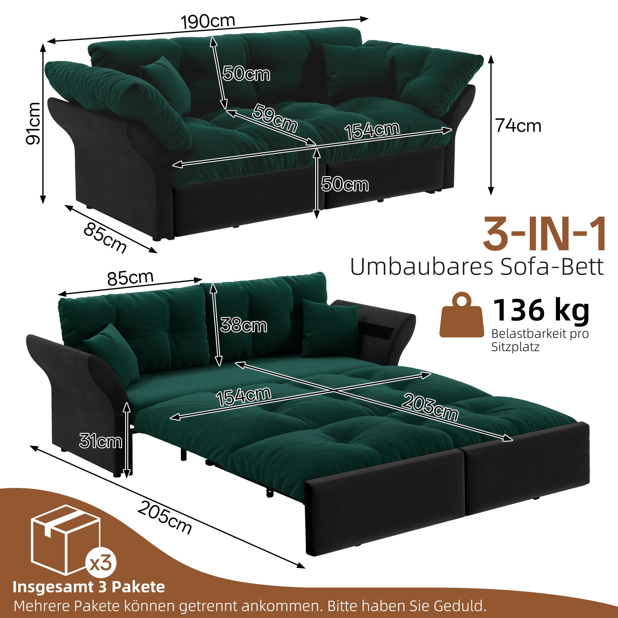 Divano letto matrimoniale allungabile 3 in 1 da 190 cm