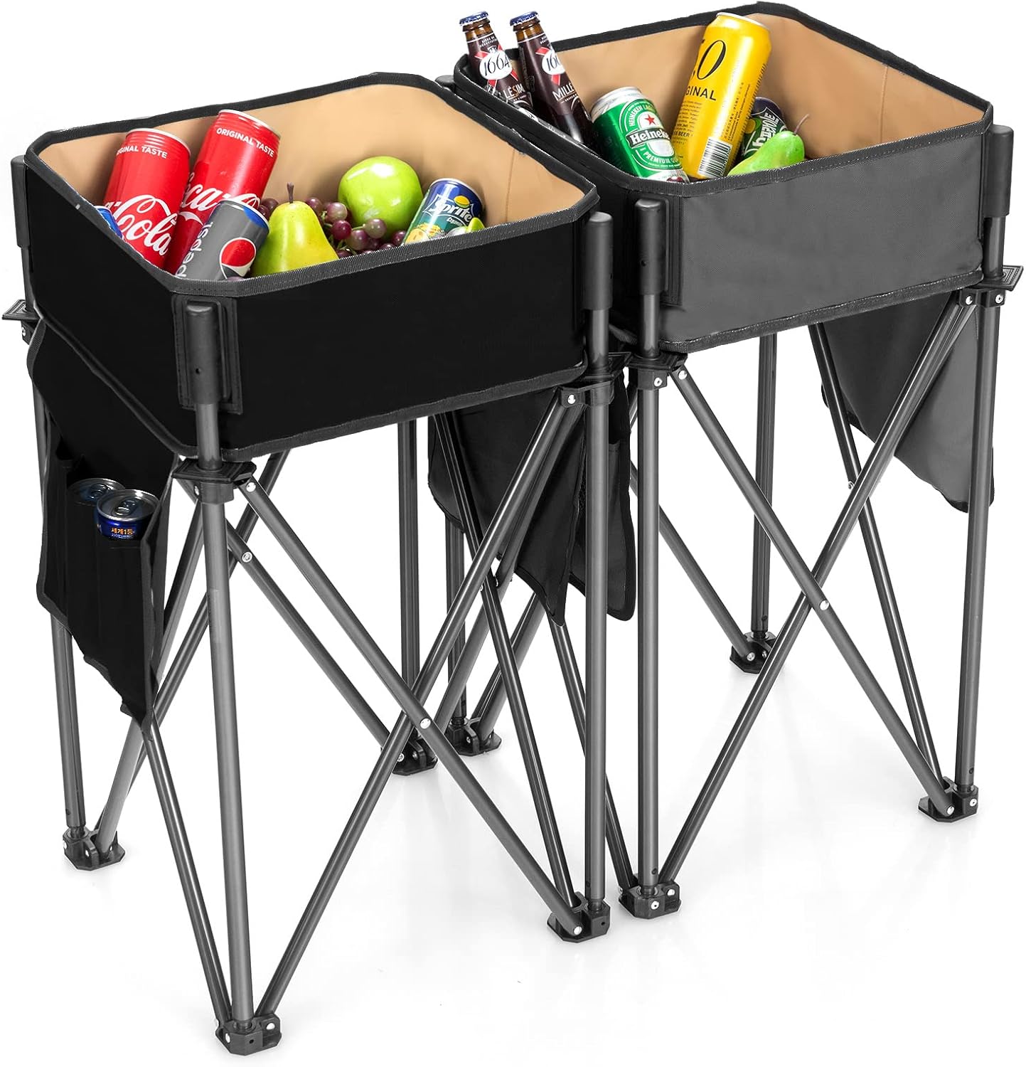 COSTWAY 2 PCS Folding Picnic Tables, Fabric Camping Tables with Large Storage Sink, Side Pockets