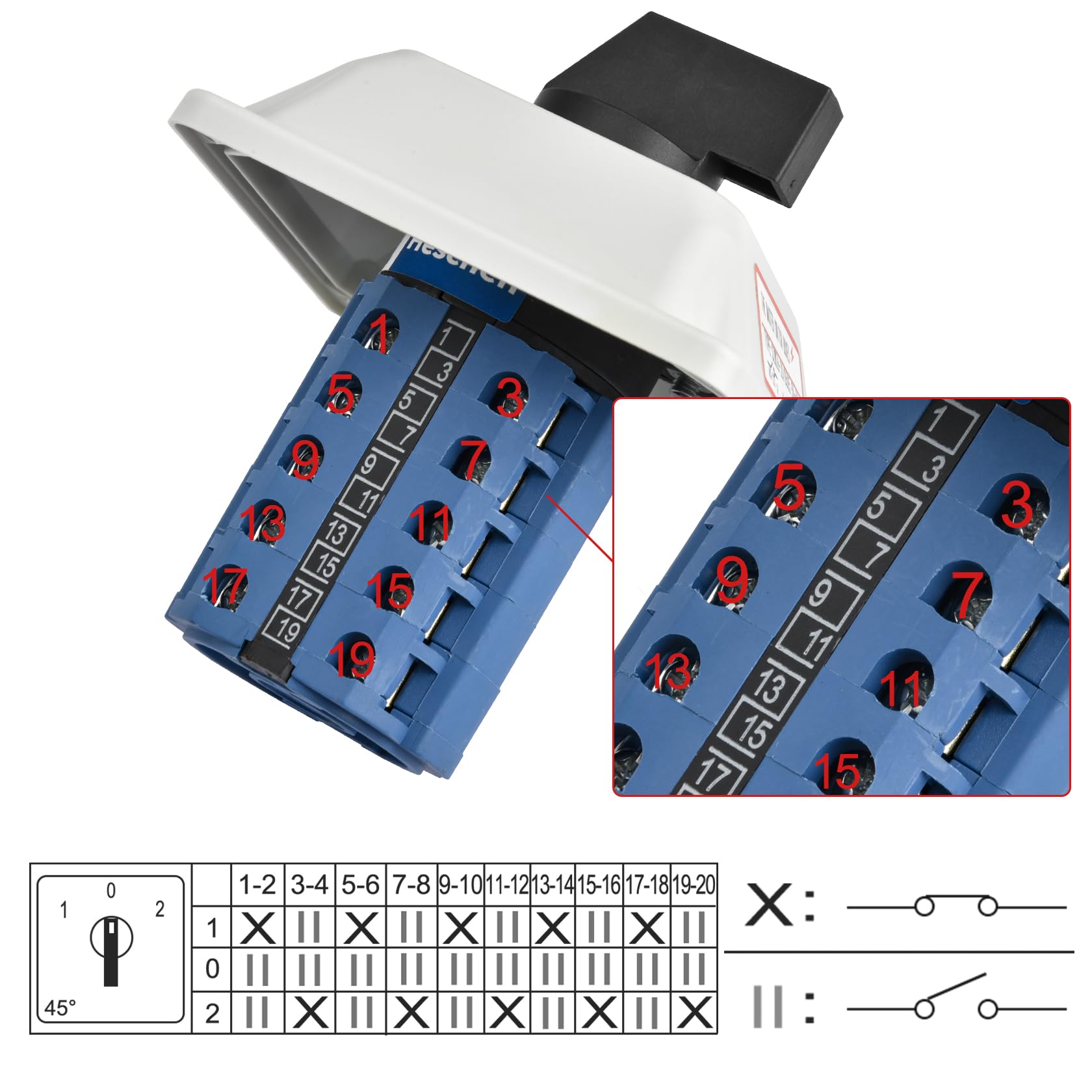 Heschen SZW26-20/D505.5D-BX Nockenwahlschalter – 660V 20A, 3 Positionen, 20 Klemmen, EIN-AUS-EIN, Mit Wasserdichter Box, CE