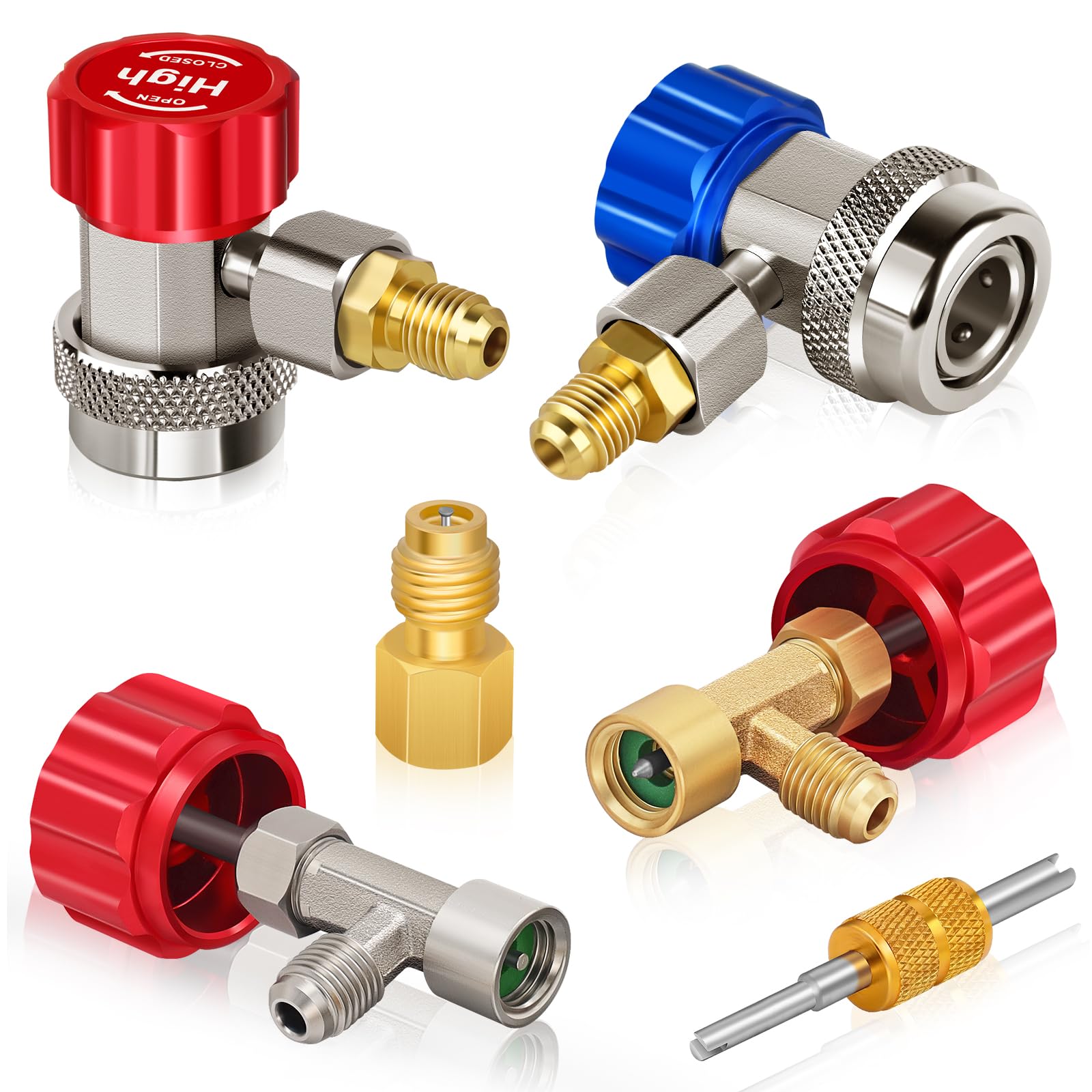 Boltigen AC Car R134a Adapter Kit, R134a Refrigerant Hose Conversion Kit with R134a Quick Couplers, R134a Self Sealing and Puncture Can Taps, Tank