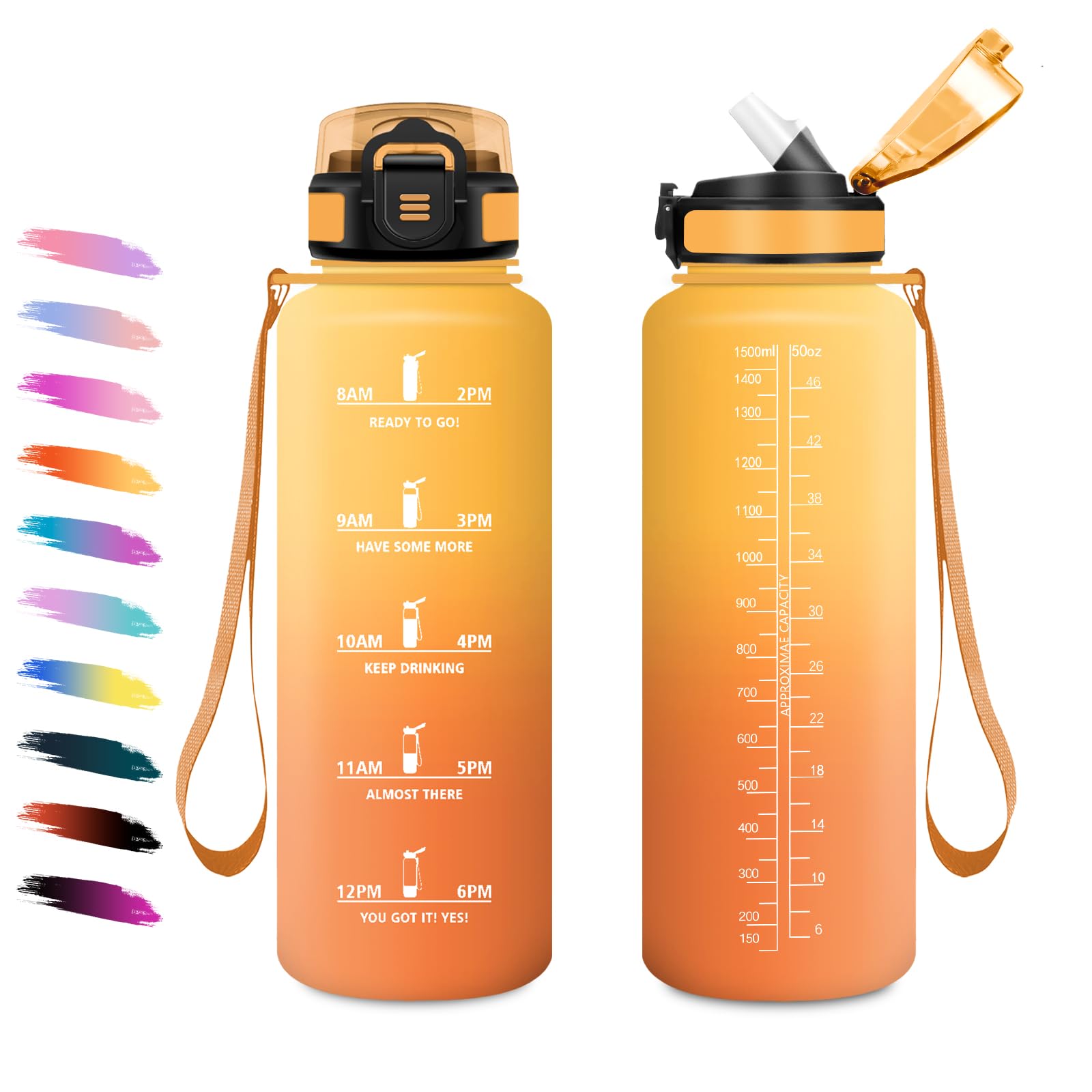 Sportflasche 1,5L, Auslaufsicher Trinkflasche mit Strohhalm, Wasserflasche Kohlensäure Geeignet, Motivierende Trinkflasche mit Zeitmarkierung, Wasserflasche für Klettern, Reisen, Fitnessstudio, Gym