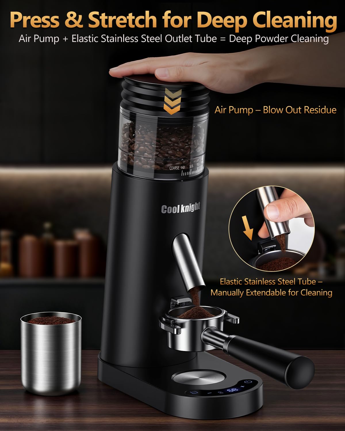 COOL KNIGHT Molinillo de café cónico recargable, 60 ajustes de molienda y temporizador de 5 a 98 niveles, molinillo de espresso con tolva de fuelle y soporte para portafiltro, fácil de limpiar