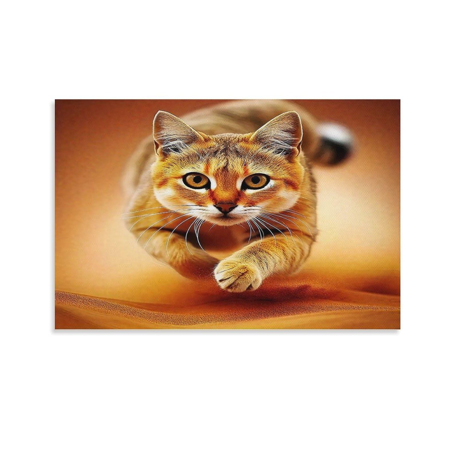 CPLVKWRQJ Snowy Scene with Kitten And Birds Single Ginger Tabby Cat Dashing Forward Warmly Toned Canvas Wall Art - Nursery Canvas Wall Hanging Space Saving Ready to Hang Decor 16x24inch(40x60cm)