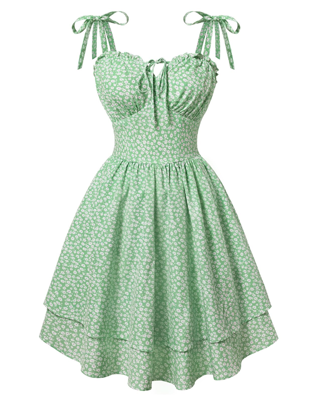 SCARLET DARKNESS Damen Floral Kleid Teens Sommer Verstellbare Krawatte Schulter Korsett Sundress Tiered Saum Minikleider Grün Weiß Blumen XXL