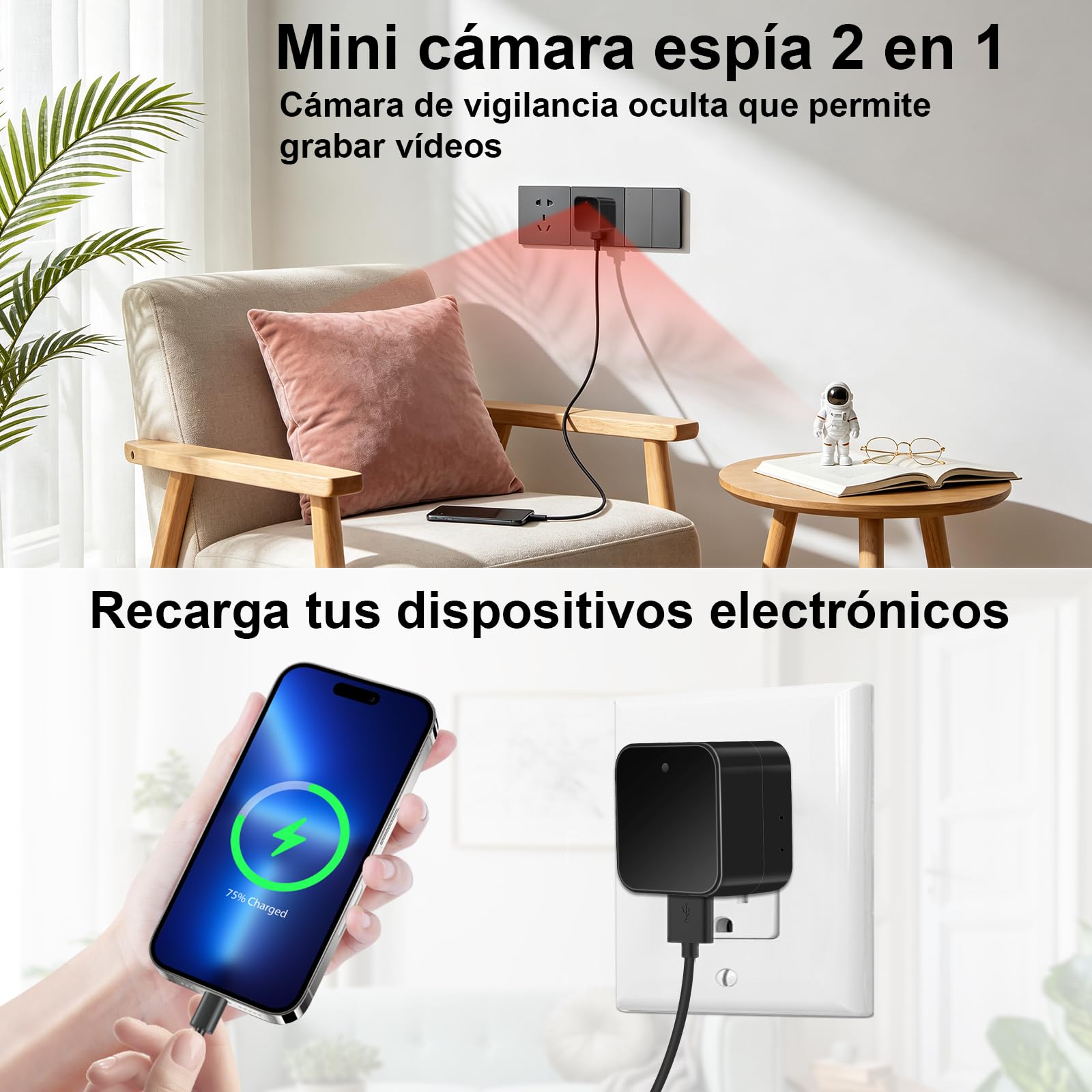 Cámara Espía Oculta WiFi 2,4/5G, Minicámara Espía HD 1080p | Microcámara Espía con Detección de Movimiento, grabación en bucle y Visualización Remota