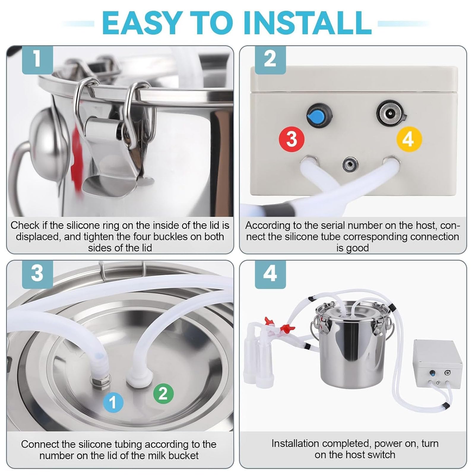 Máquina de ordeño de Cabra de 14 L, ordeñador eléctrico automático con pulsación por vacío, cubeta de Acero Inoxidable 304 con Copas y Tubos de Silicona de Grado alimenticio, succión Ajustable