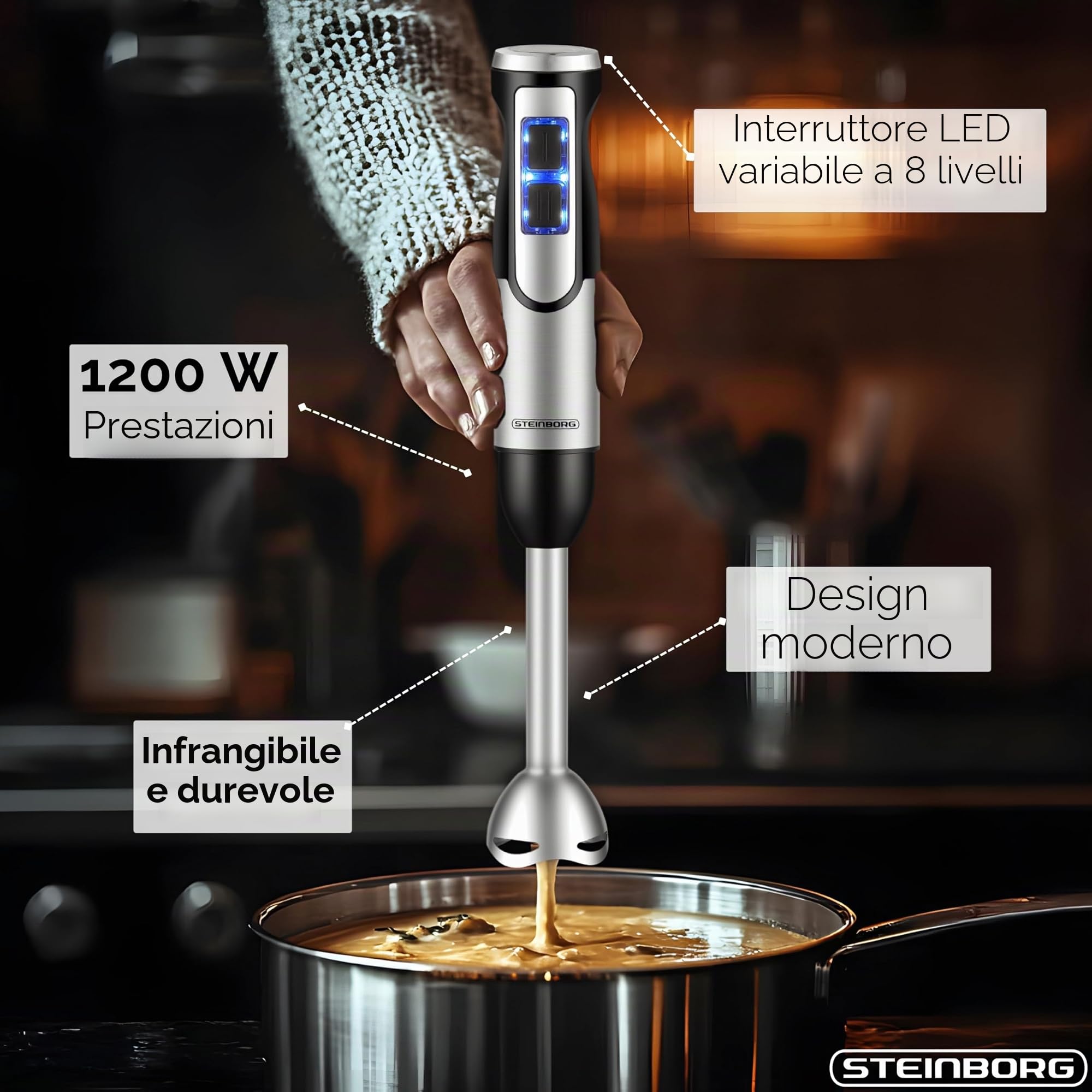 Steinborg Frullatore a immersione, 1.500 Watt, in acciaio inox, frullatore ad immersione, tritatutto – 500 ml, contenitore di miscelazione in acciaio inox, funzione turbo, frullatore a mano