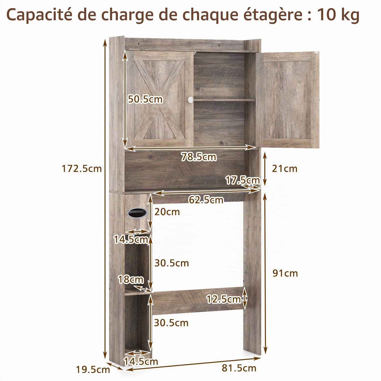 LIFEZEAL Armoire de Salle de Bain au-Dessus des Toilettes, Meuble de Rangement Gain de Place avec Barre Réglable et Porte-Papier Toilette Intégré, Étagère WC pour Salle de Bain (Brun Clair)
