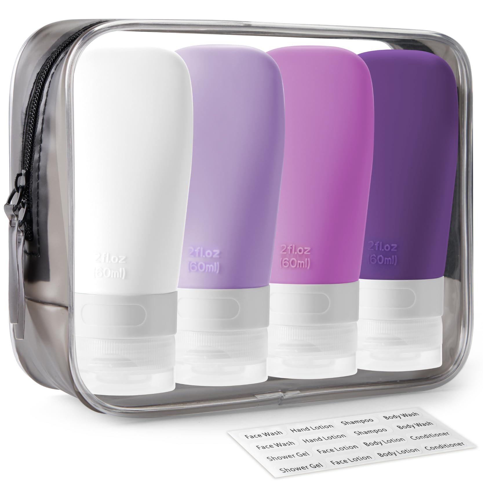 INSFIT Portable Travel Bottles, TSA Carry On Approved Toiletries Containers, 60ml Leak Proof Squeezable Silicone Tubes, Refillable Travel Accessories for Shampoo 4 Pack Purple