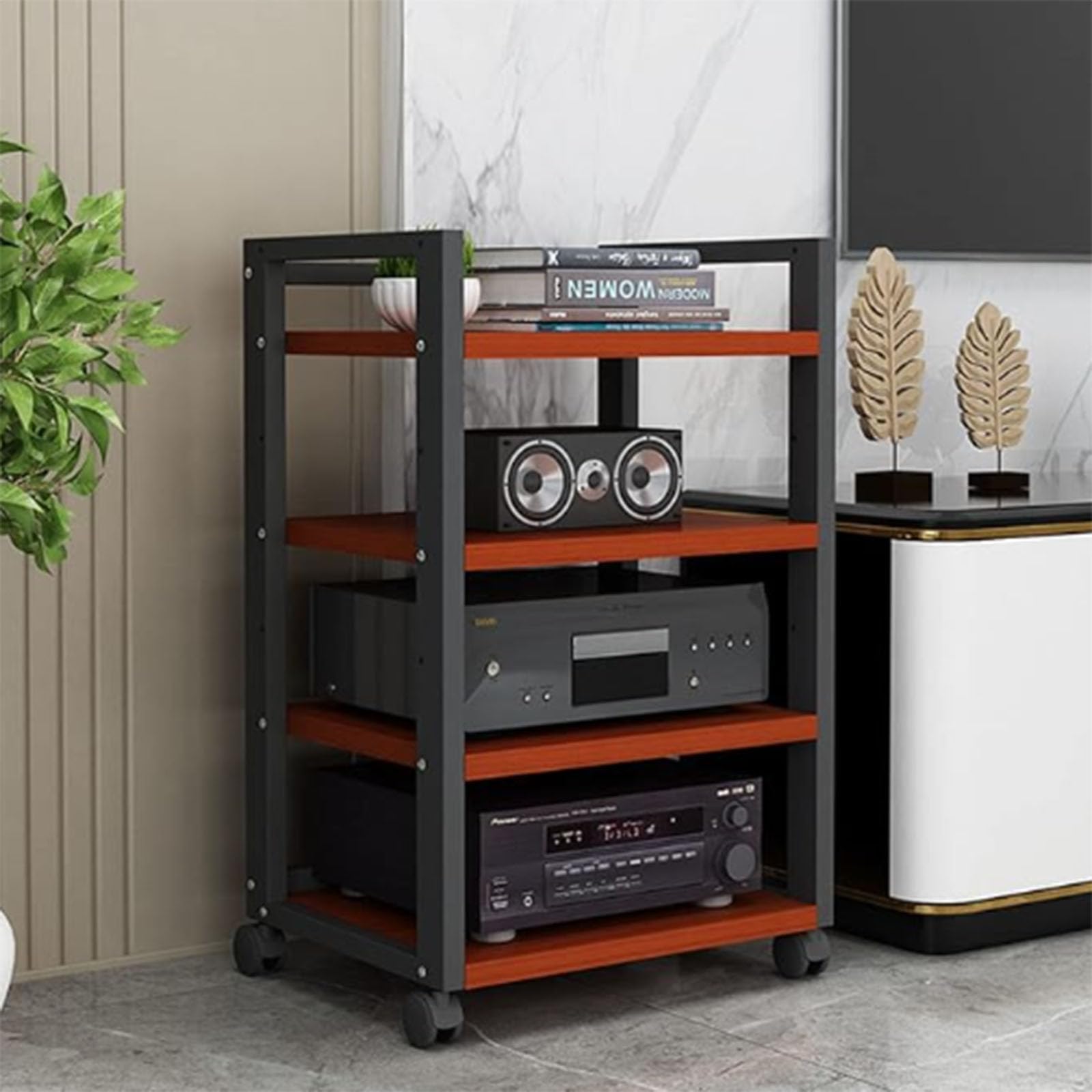 Ixtregzjkm B 4-Tier Movable Av Media Stand, Multi-Function Media Stereo Stand Cd Player, Rack Audio Tower With Adjustable Shelves, Open Storage Rack Floor Standing For Home/Office/Audio Video/Dj/Theater