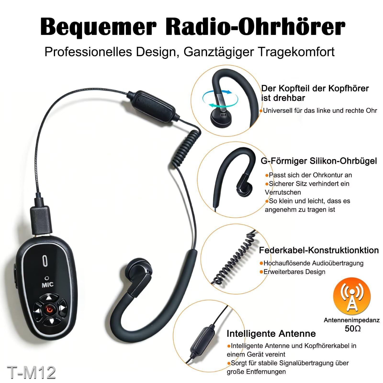 T-M12 Super Mini Funkgerät mit Kopfhörer KI-Sprachsteuerung 28g | Typ-C, 16 Kanäle, 600mAh, 28g Leicht Hände frei Walkie Talkies für Gewerbe, Restaurants, Sicherheit & Events, Outdoor, 1 Paar