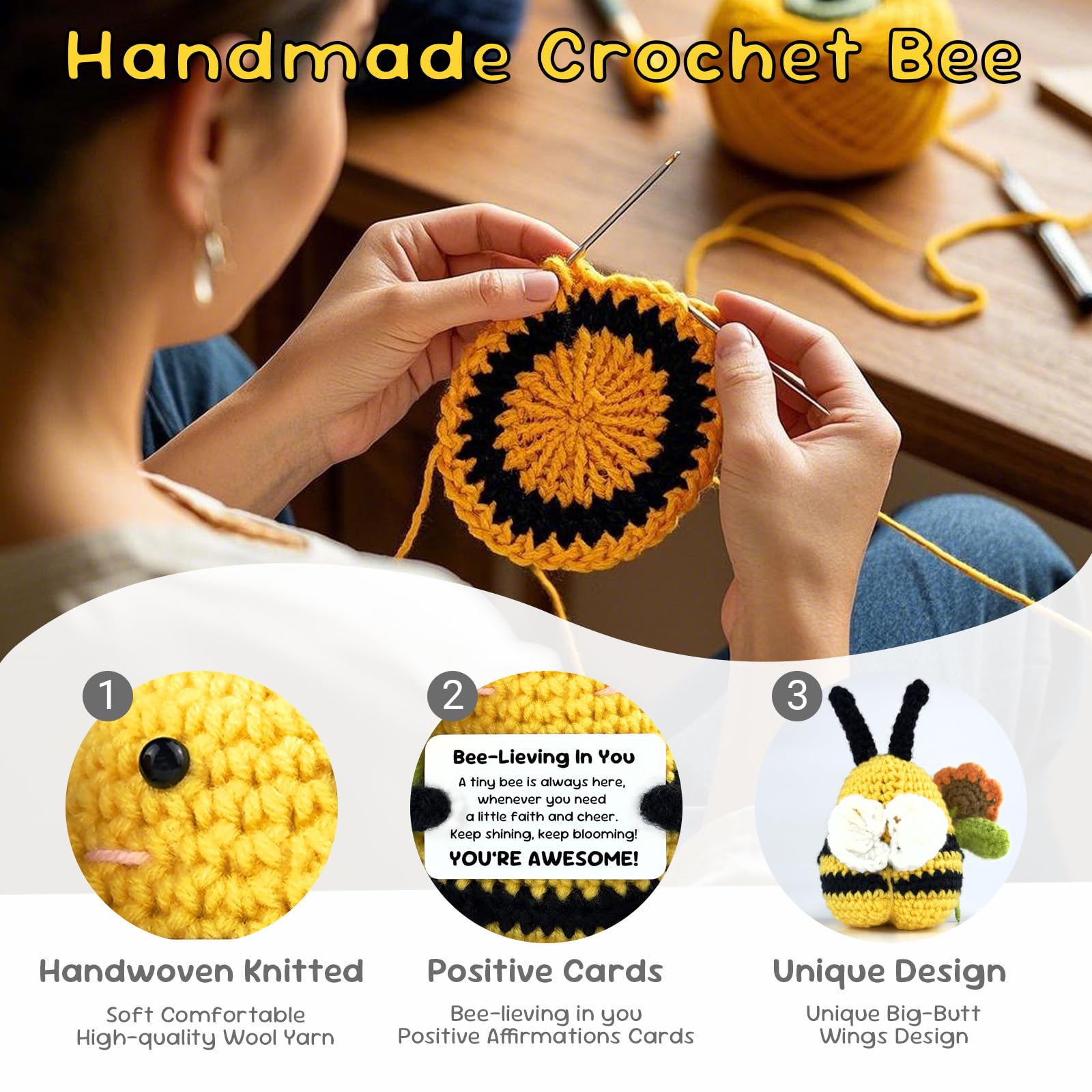 Emotional Support Bee, Positive Crochet Bee Doll with Card, Inspirational Small Handmade Knitted Animals Cute Stuff, Funny Gifts for Women Men Birthday Friends Coworkers, Christmas Office Decor