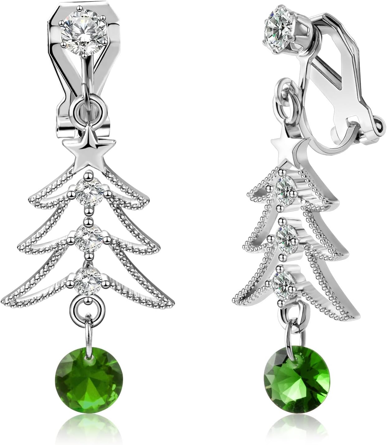 LAXPICOLLovely Christmas Tree Clip on Earrings for Women Girls Stainless Steel Clip Cute Xmas Crystal Christmas Tree Drop Dangle Earrings Lightweight Winter Earrings 1.37'