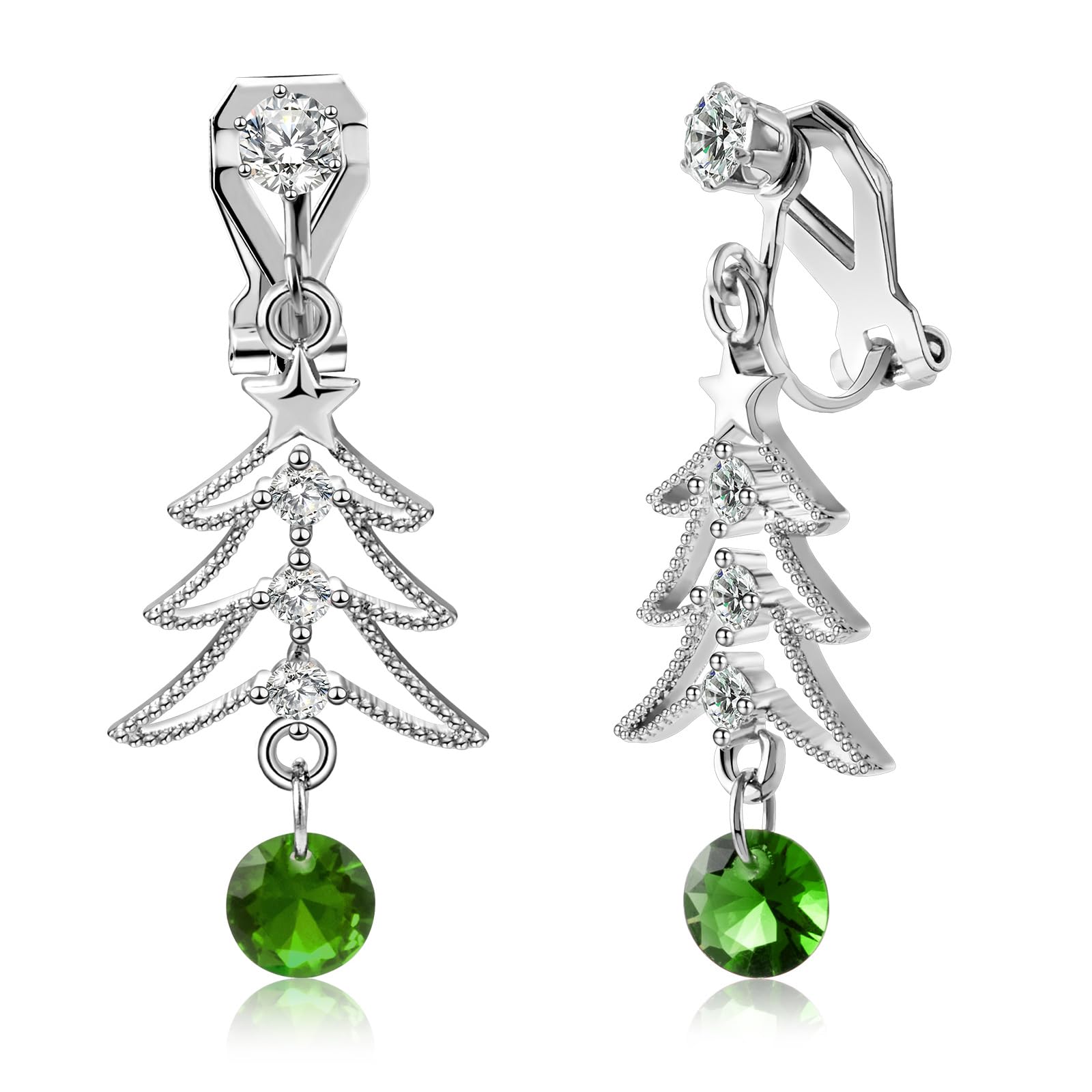 LAXPICOLLovely Christmas Tree Clip on Earrings for Women Girls Stainless Steel Clip Cute Xmas Crystal Christmas Tree Drop Dangle Earrings Lightweight Winter Earrings 1.37'