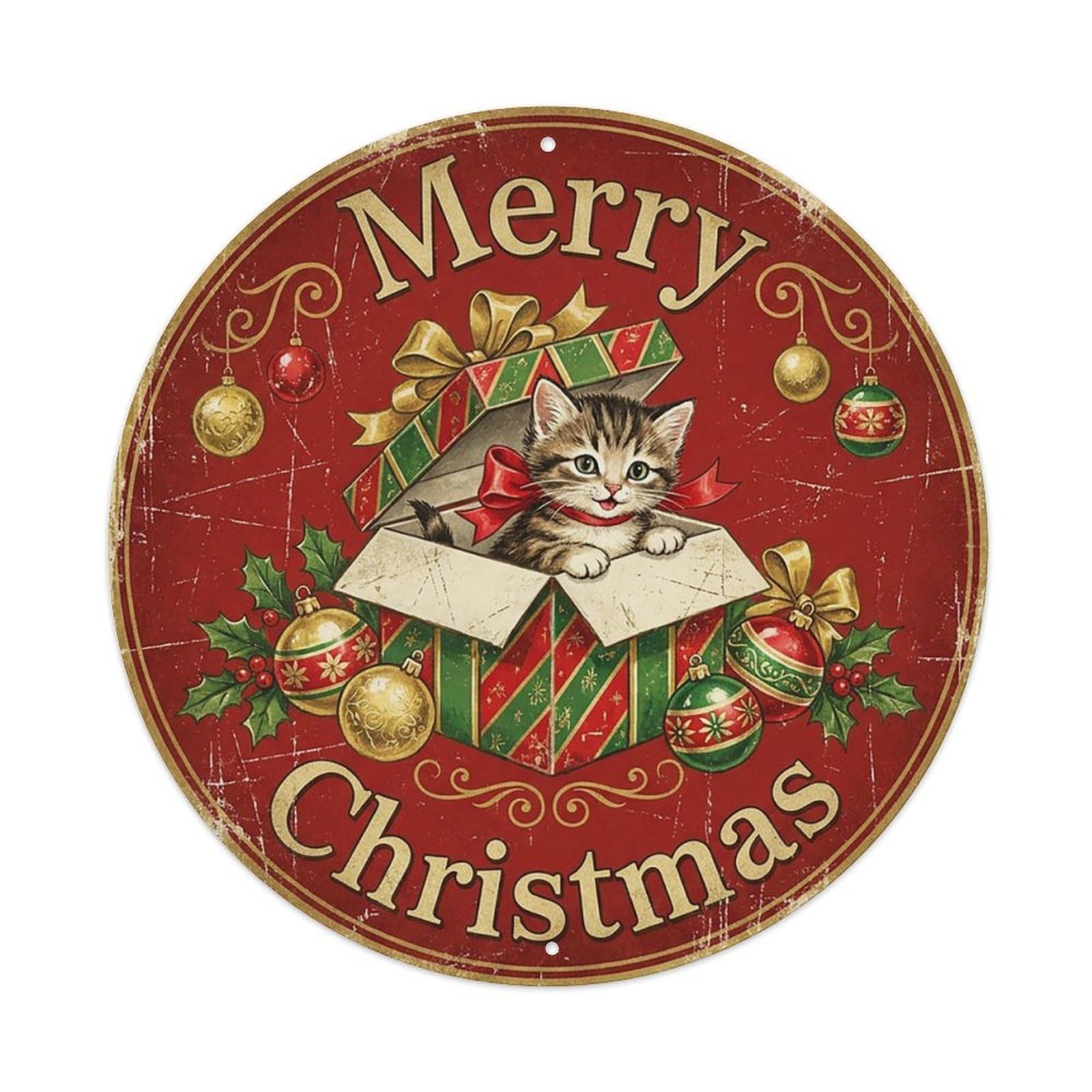 Merry Christmas Kitten Bow Ribbon Metal Tin Sign
