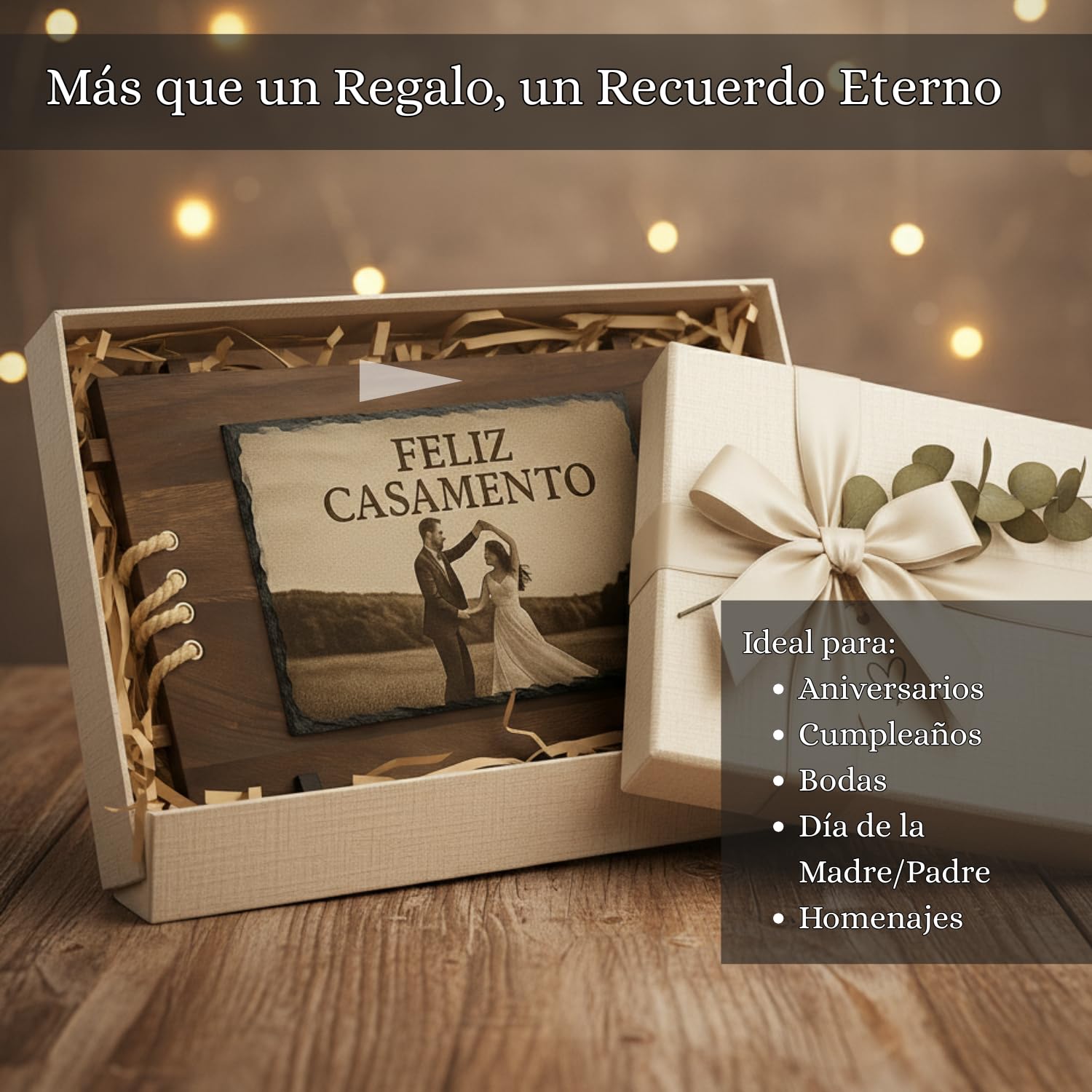 Placa de granito con marco de madera personalizable | Grabado UV con nombre, foto o logotipo | Regalo artesanal rústico para hogar, oficina o empresa - 50 x 35cm
