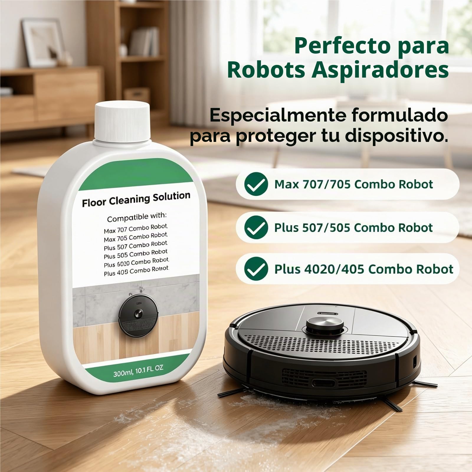 Líquido Limpiador Concentrado for Pisos, 300ml X 4, Fragancia Fresca, Baja Espuma Sin Residuos, Compatible con Roomba Max 707/705/Plus 405/505/507 Combo Robot