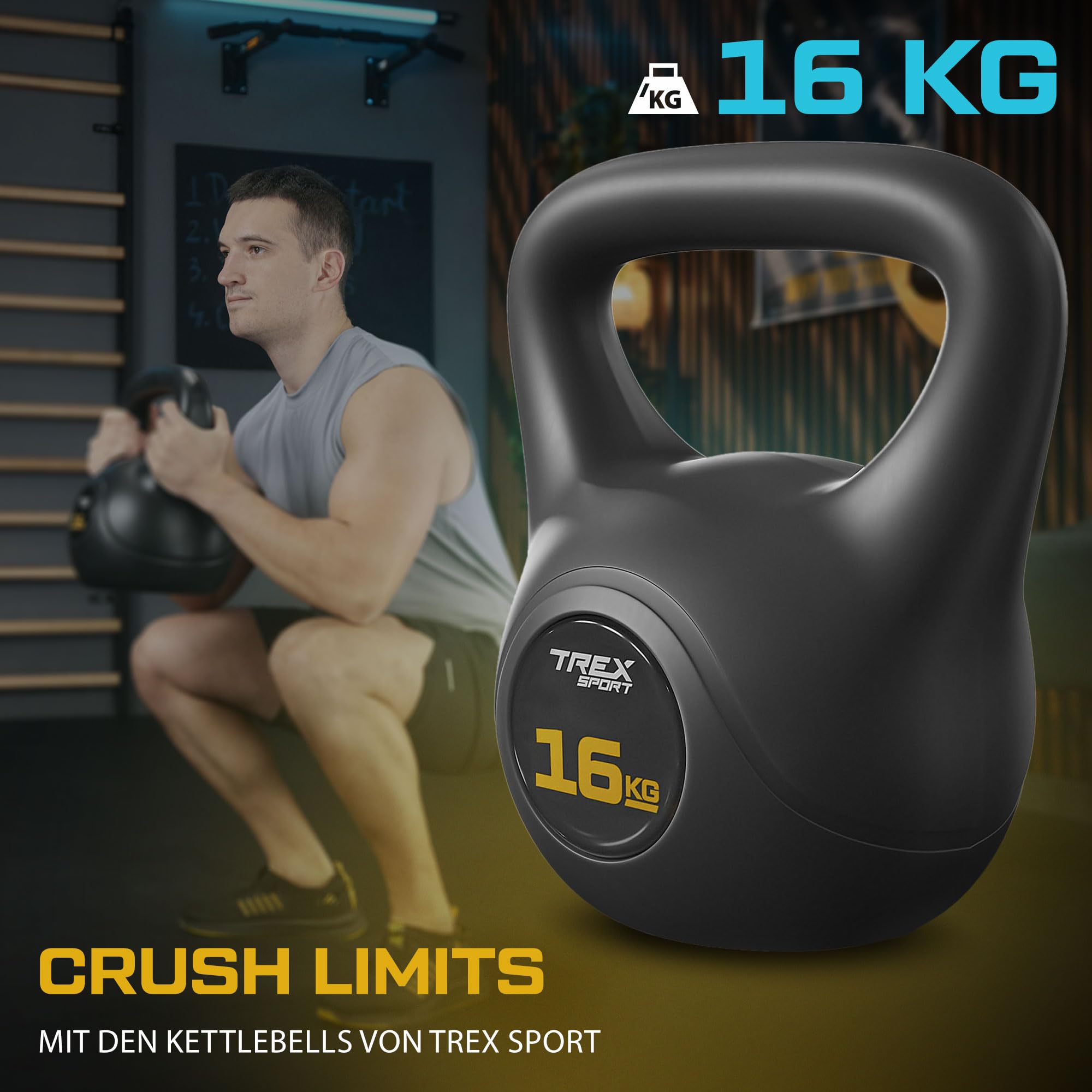 TREX SPORT Kettlebell 6kg, 8kg, 10kg, 12kg, 16kg, 20kg TX-006-020CKB | Kugelhantel & Kugelgewichte für Ganzkörper-Workout | rutschfester Griff, bodenschonend