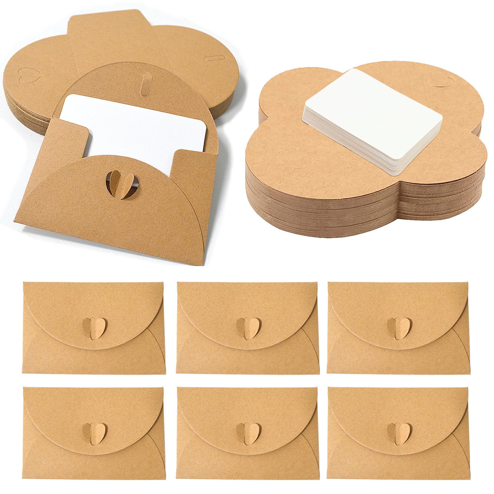 60 Pièces Mini Bustes in Carta Kraft con 60 Biglietti Bianchi, Buste con Chiusura a Cuore per Regalo, Feste, Matrimonio, Natale