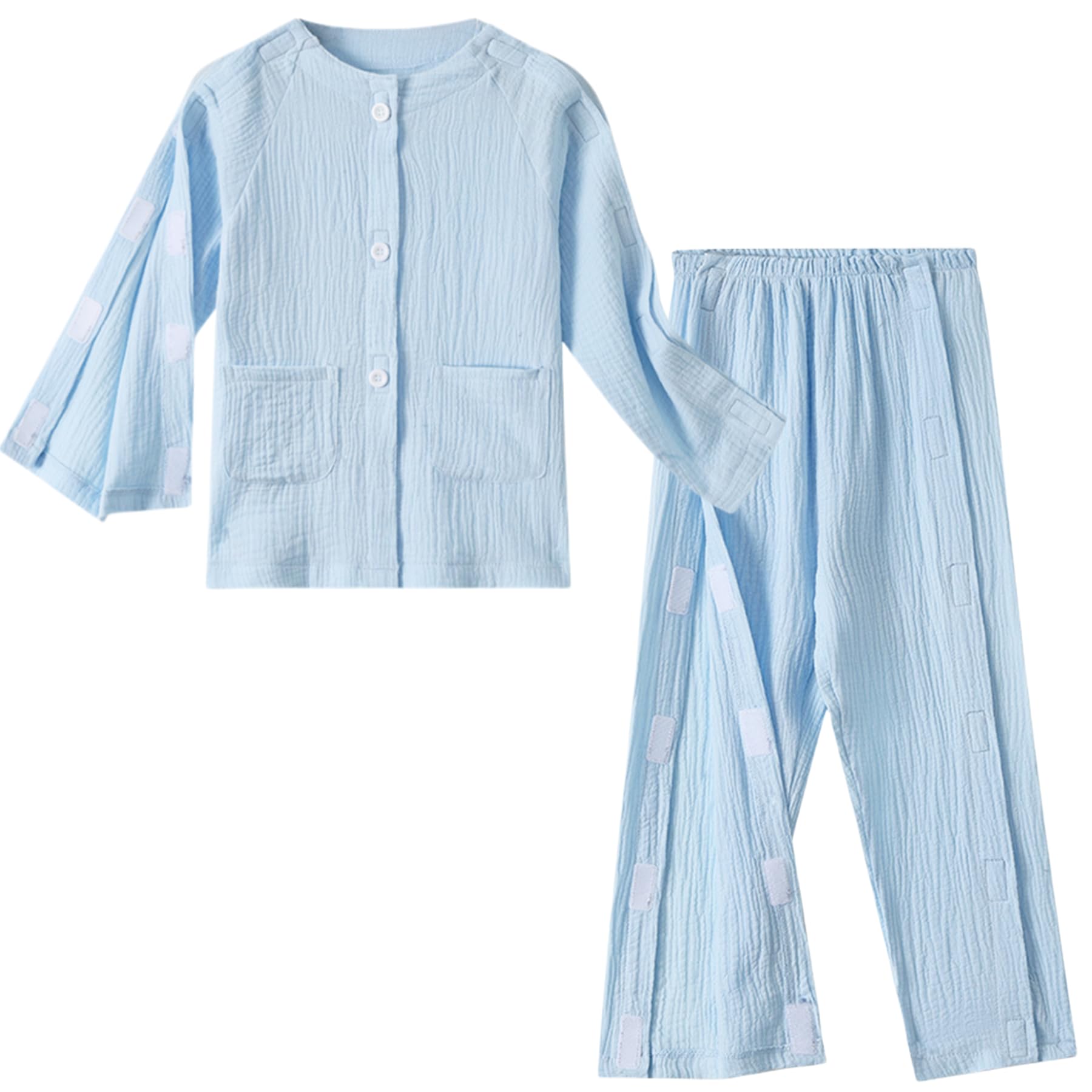 AUSTYLCO Children Bedridden Patient Clothing Cotton Magic Stick Full Opening Post-operative Set Suitable for Bedridden and Mobility-impaired Blue