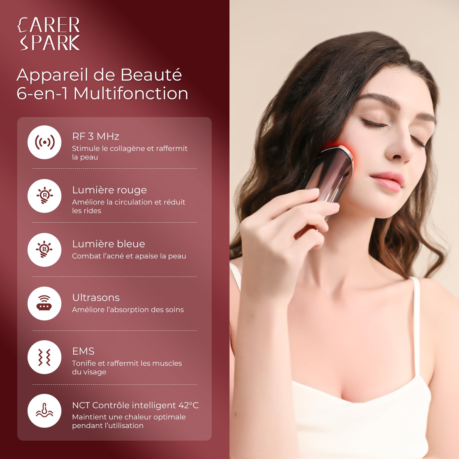CARER SPARK Appareil Radiofréquence Visage 3MHz Appareil de Massage Visage | Anti-Rides avec Ultrasons EMS Photothérapie Réduction des Rides et des Fines Lignes