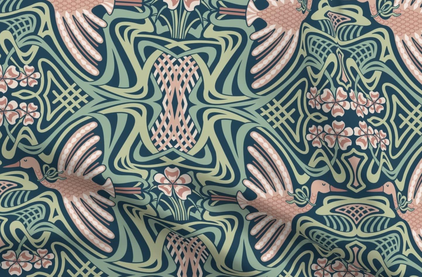 Spoonflower Fabric - Art Nouveau Crane Green Pink Deco Mint Mauve Emerald Large Scale Printed on Upholstery Velvet Fabric Fat Quarter - Upholstery Home Decor Bottomweight Apparel
