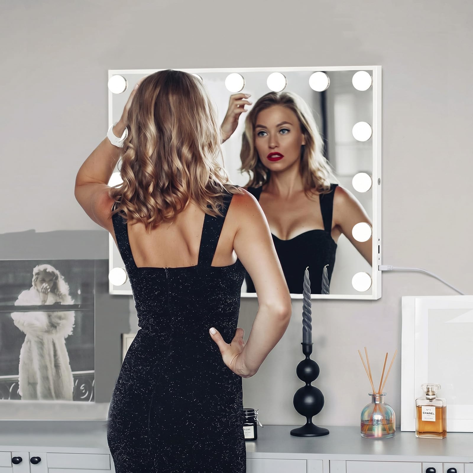 FENCHILIN Espejo Hollywood de Maquillaje con Luz, Tocador con 15 Bombillas LED Rgulables y Puerto USB - Espejo de Pared o Mesa, 58x46 cm