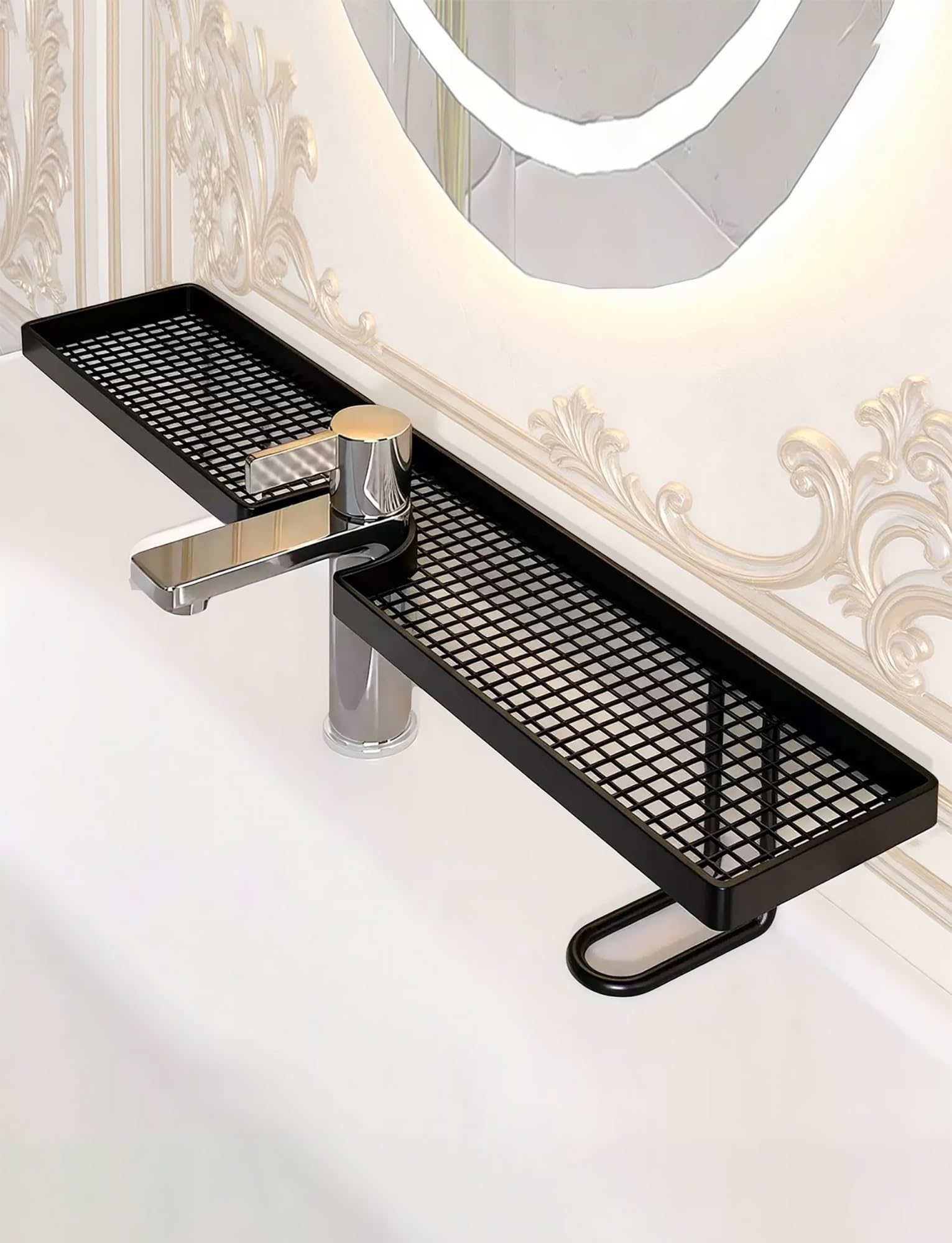 SVFOEBJM No-Drill Over Sink Shelf, 50/60cm Faucet Storage Organizer, Freestanding Wall Mounted Floating Rack for Bathroom Shower Vanity Kitchen Countertop(Black,60cm/23.6in)