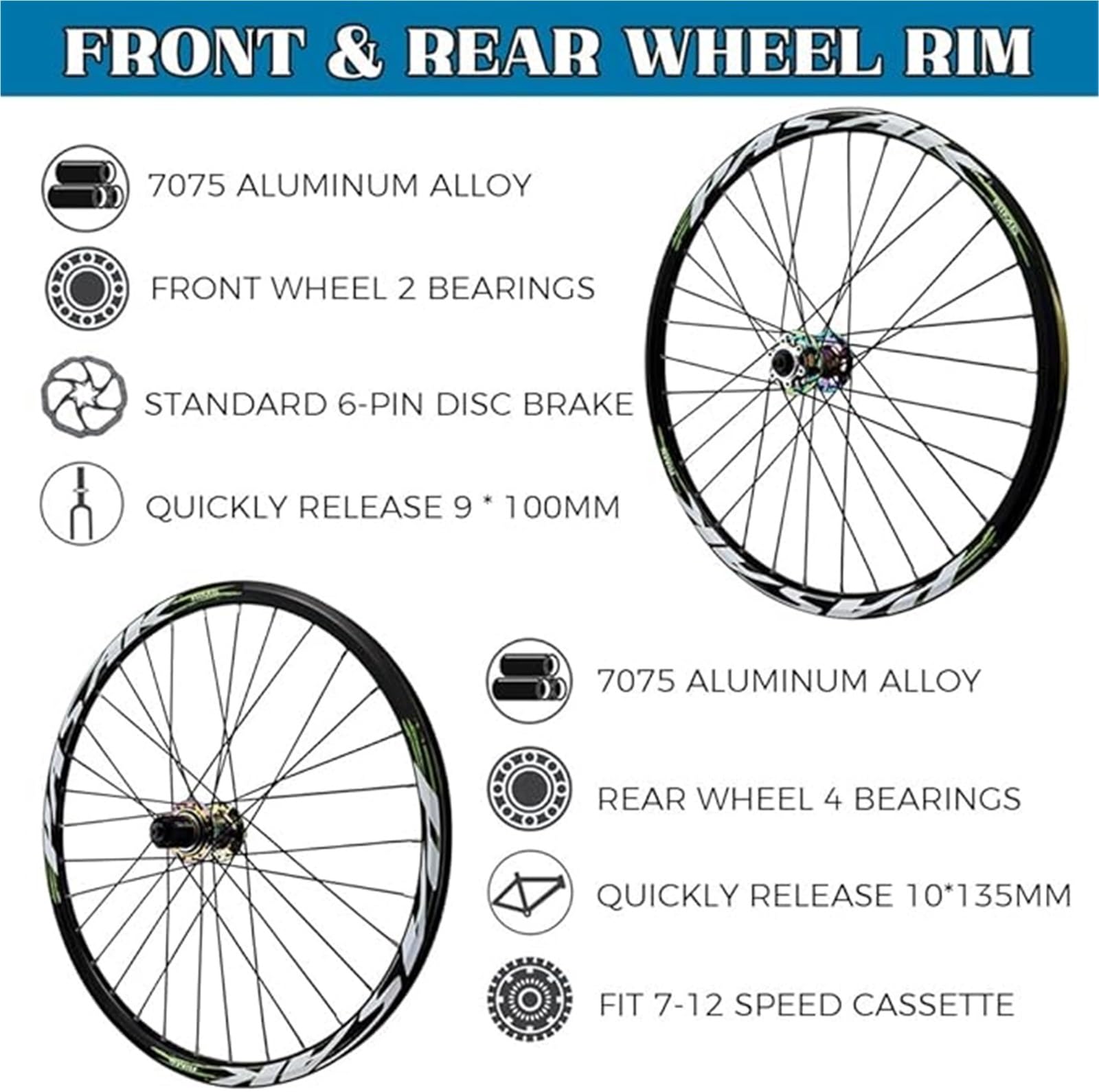 Ruote Posteriori MTB, Cerchio Lega Alluminio Ad Alta Resistenza Sgancio Rapido Freno Disco 135 Mm For Mountain Bike 32H Nere For Ruote 7-12 Velocità