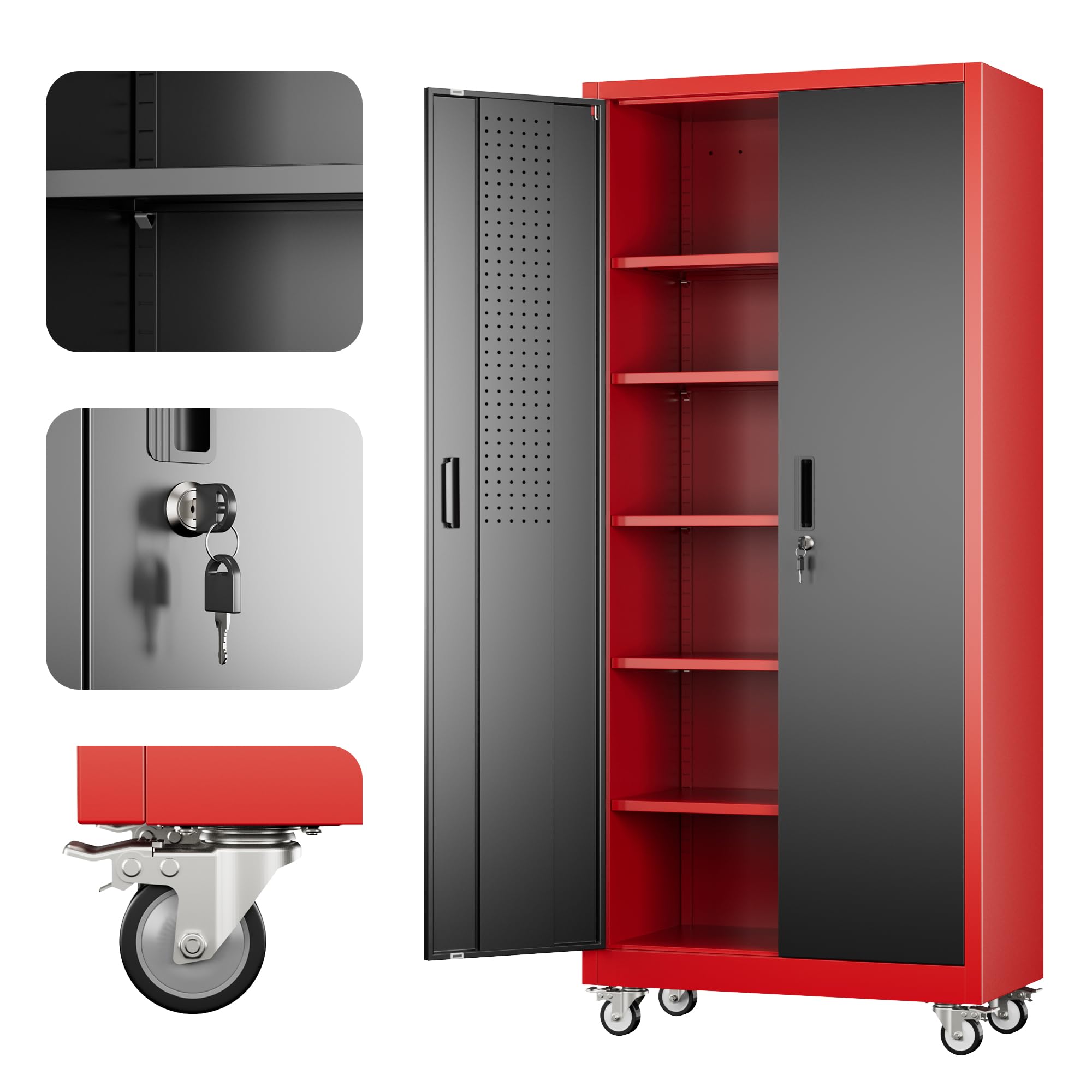 Aobabo Upgrade 71H''*34''W*18''D Metal Garage Storage Cabinet with Wheels and Pegboards, 5 Adjustable Shelves Steel Storage Cabinets for Home,Warehouse,Garage,Assembly Required,Black Red