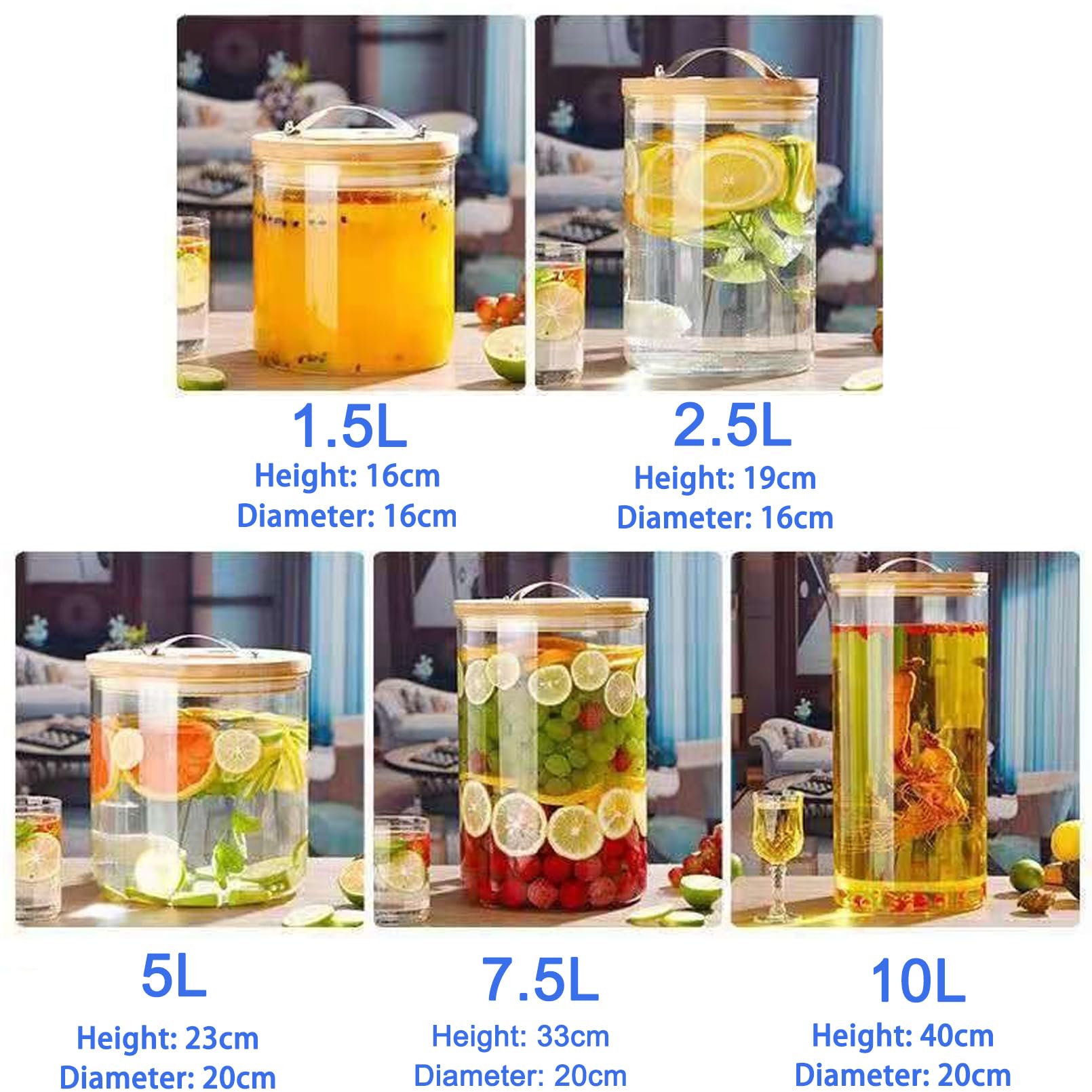 Getränkespender aus Glas, 5 l, 10 l, mit Holzständer, Getränkefass aus Glas, Wasserhahn aus Edelstahl, auslaufsicher, Getränkespender aus Glas, Weinfass aus Glas, Wasserbehälter für den Kühlschrank
