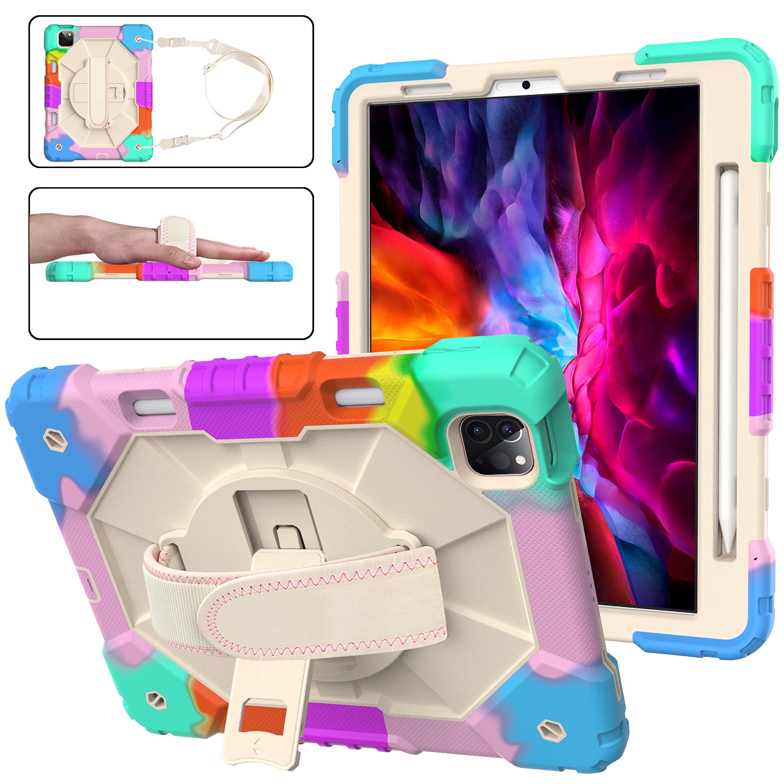 Anti-Drop Case for iPad Air 5th/Air 4th Generation&iPad Pro 11 2021/2020/2018, Rugged Case with Stand Rotation, Hand/Shoulder Strap, Heavy Duty Anti-Shock Cover for iPad Air 5