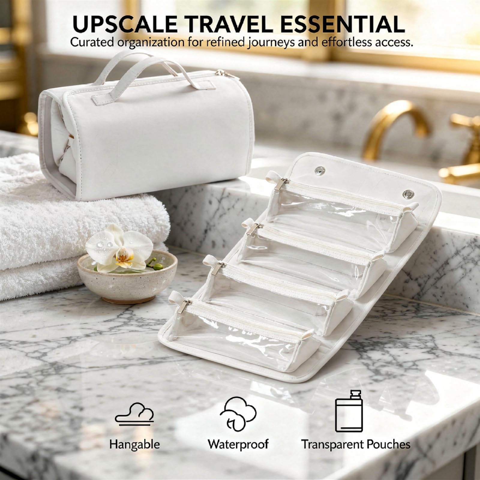 Trousse de Maquillage de Voyage 4 en 1 détachable à Enrouler, Grand Organiseur cosmétique imperméable, 4 Pochettes Transparentes, Sac de Toilette Suspendu Portable, 9,4 x 5,5 x 4,7 in, pour Voyage de