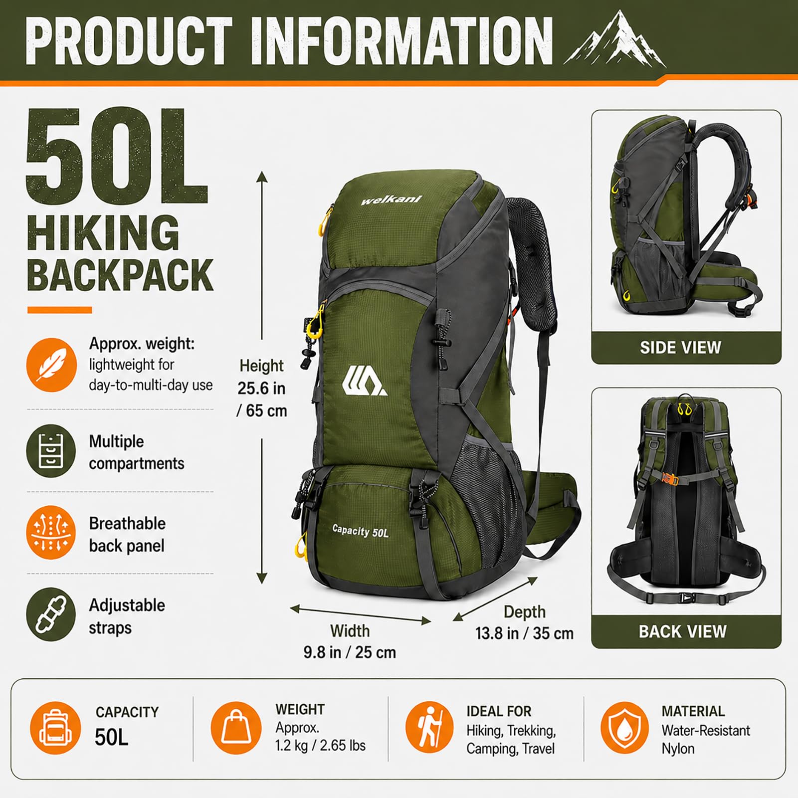 50L Hiking Backpack with Rain Cover Waterproof Lightweight Camping Daypack Walking Rucksack Outdoor Sports Trekking Climbing Skiing Travel Bag