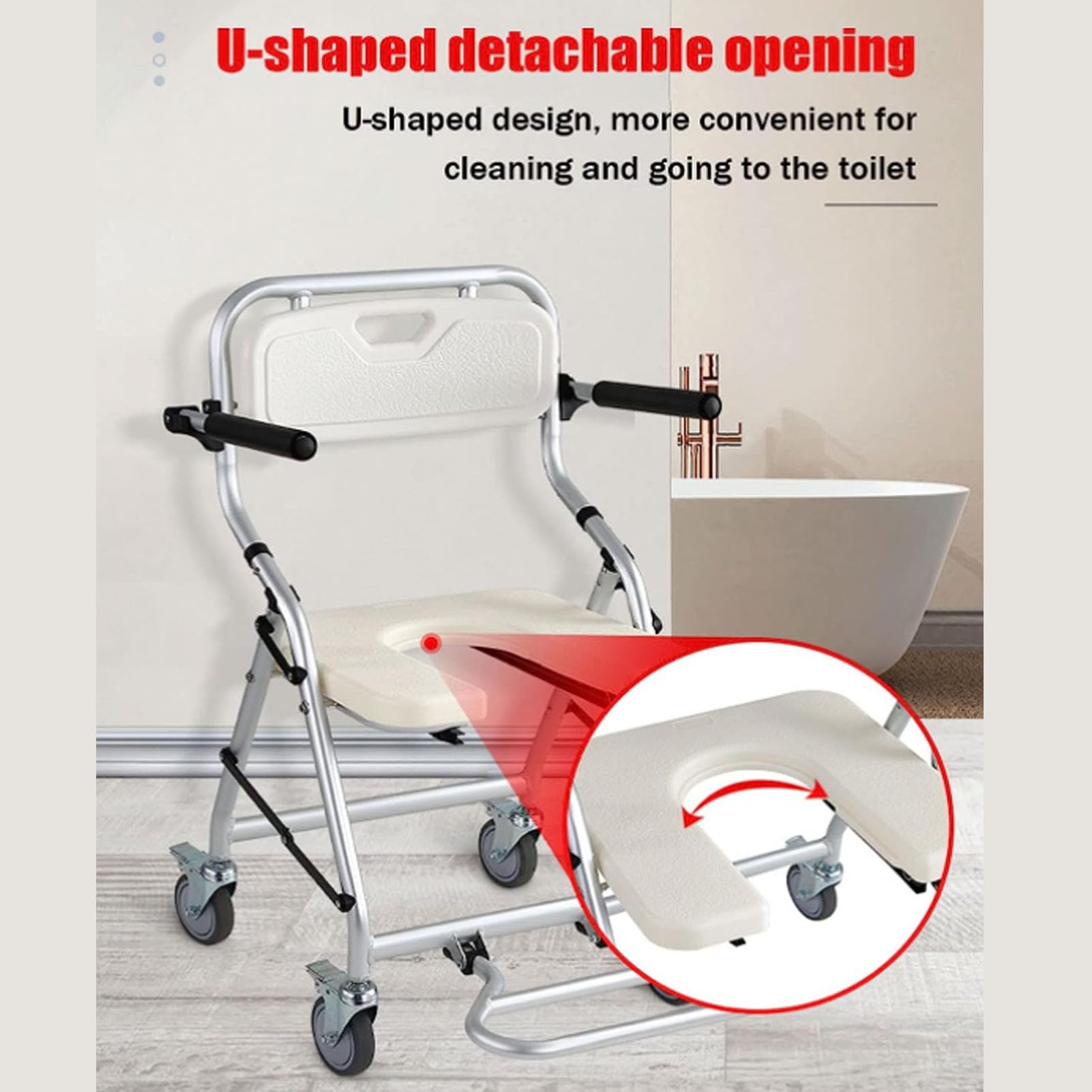Silla de ducha plegable con brazos, sillas de ducha con respaldo para personas mayores para cabina de ducha, asiento de ducha rodante, ayuda para la movilidad y la vida diaria, instalación sin
