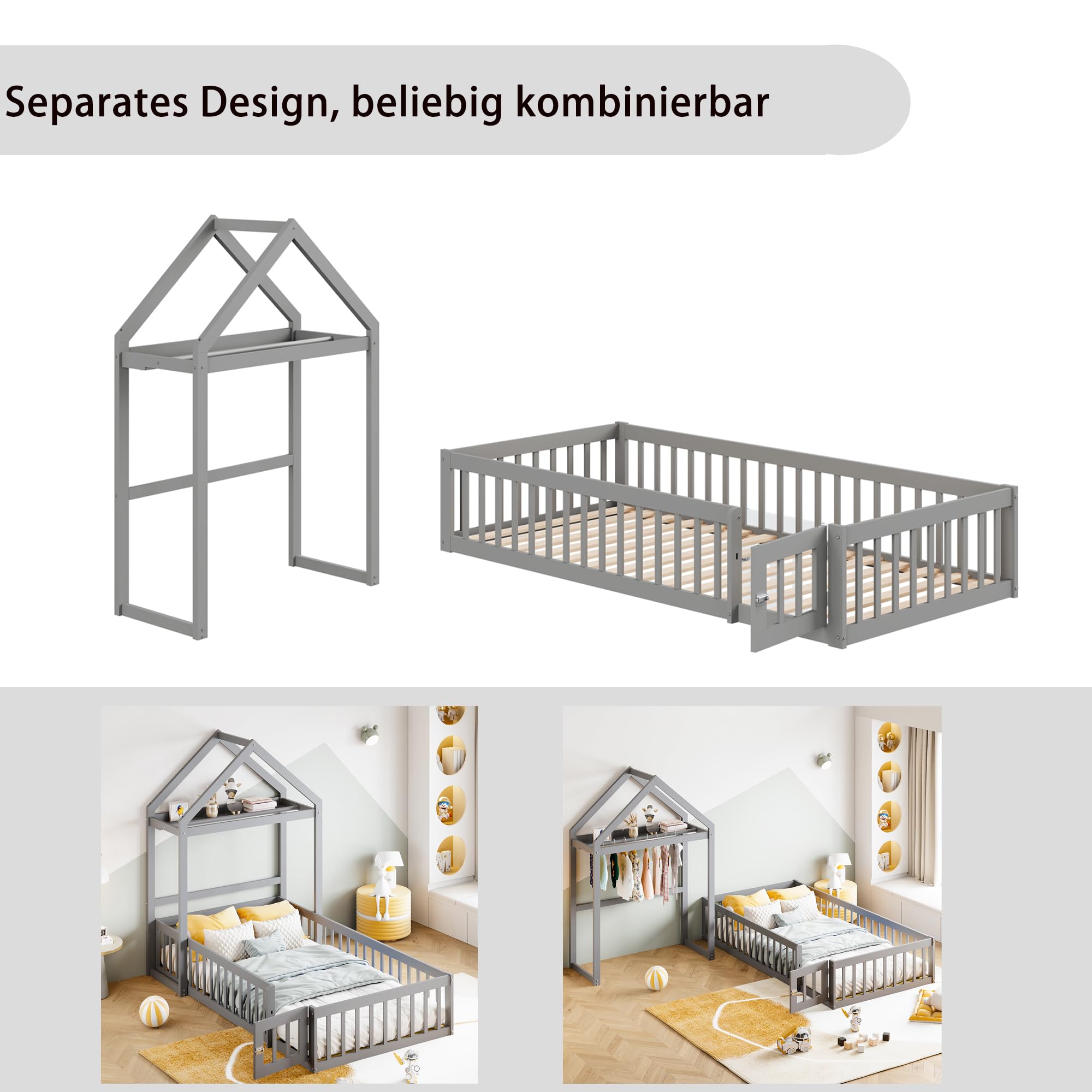 Merax Kinderbett 90x200 cm, Bodenbett mit Rausfallschutz, Hausbett mit Stauraum und Lattenrost, für Jungen & Mädchen, Grau (Ohne Matratze)