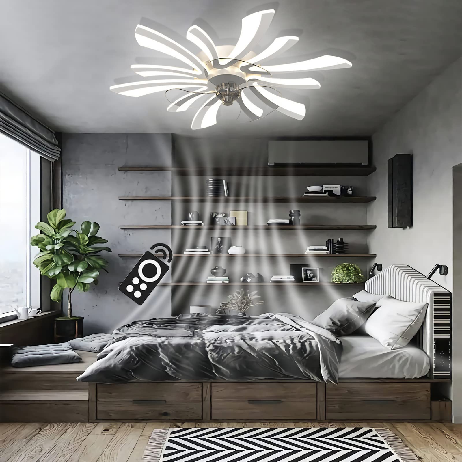 Wentylator sufitowy ze światłem cicha nowoczesna lampa sufitowa LED tryb zimowy silnik prądu stałego możliwość przyciemniania kreatywny 6 świateł wisiorek światło do salonu (Biały, Ø78cm/70W)