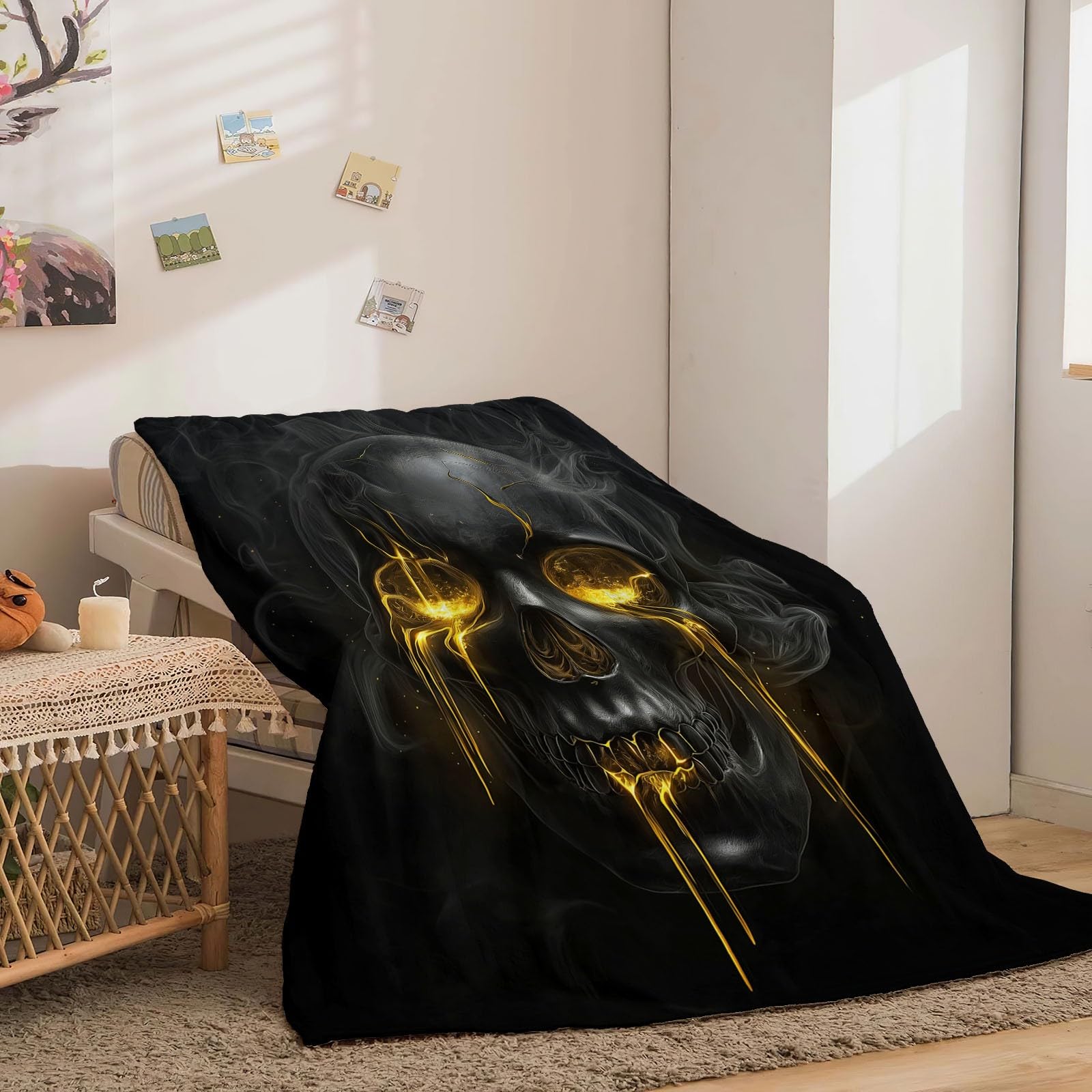Ciemny nadruk Abstrakcyjna Czaszka Koc dla dzieci Chłopcy i Dorośli Czarny Super Miękki Pluszowy Koc Flanelowy Na Sofę Łóżko 150 x 200 cm
