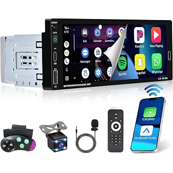 Autoradio 1 Din mit 6.9 Zoll Bildschirm Car Radio Bluetooth Wireless Carplay Android Auto mit Mirror Link/FM Radio/USB/Typ-C/EQ/SWC Con R ckfahrkamera MIC Fernsteuerung