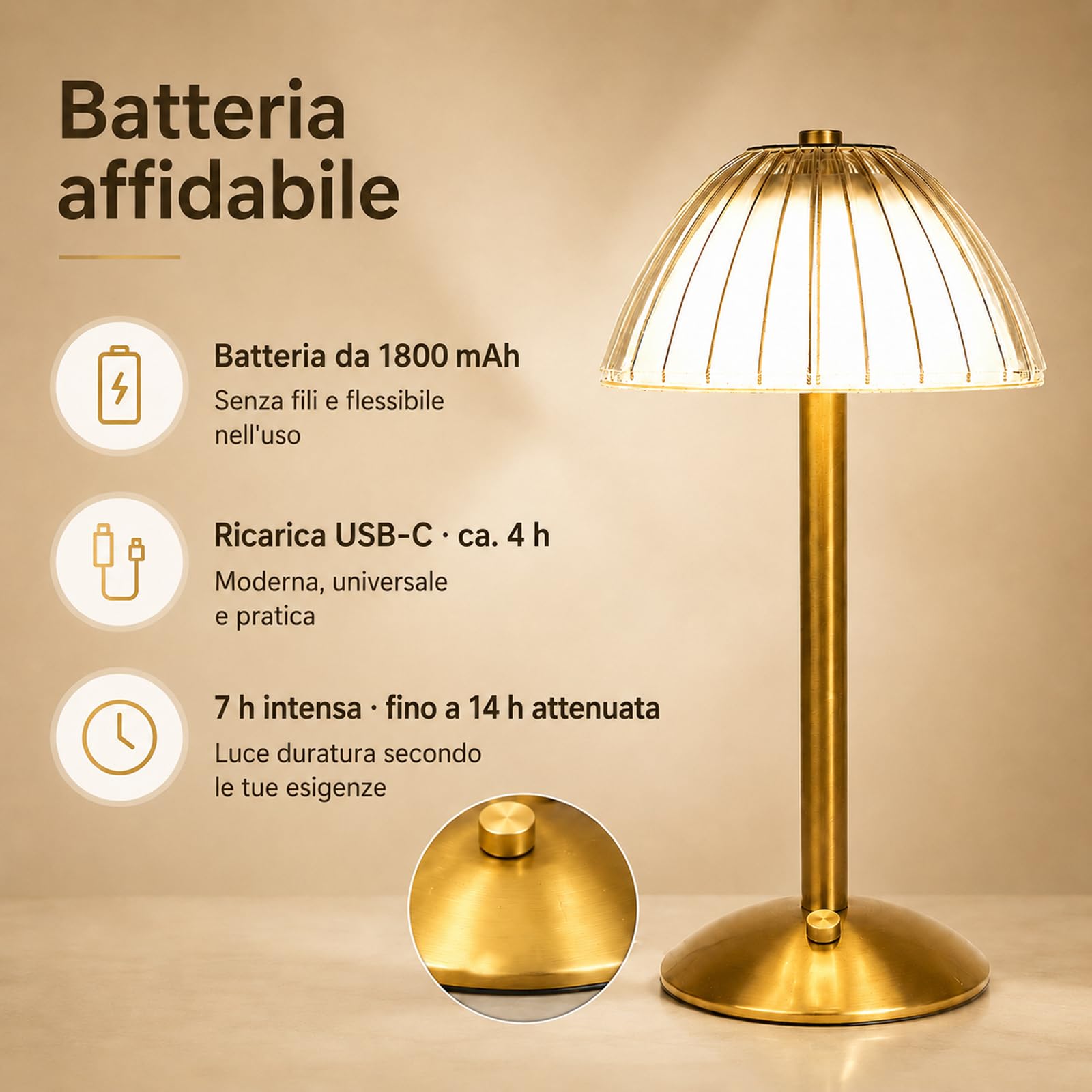 LANMOU Lampada Senza Fili da Tavolo, Dimmerabile, 14 Ore, Oro