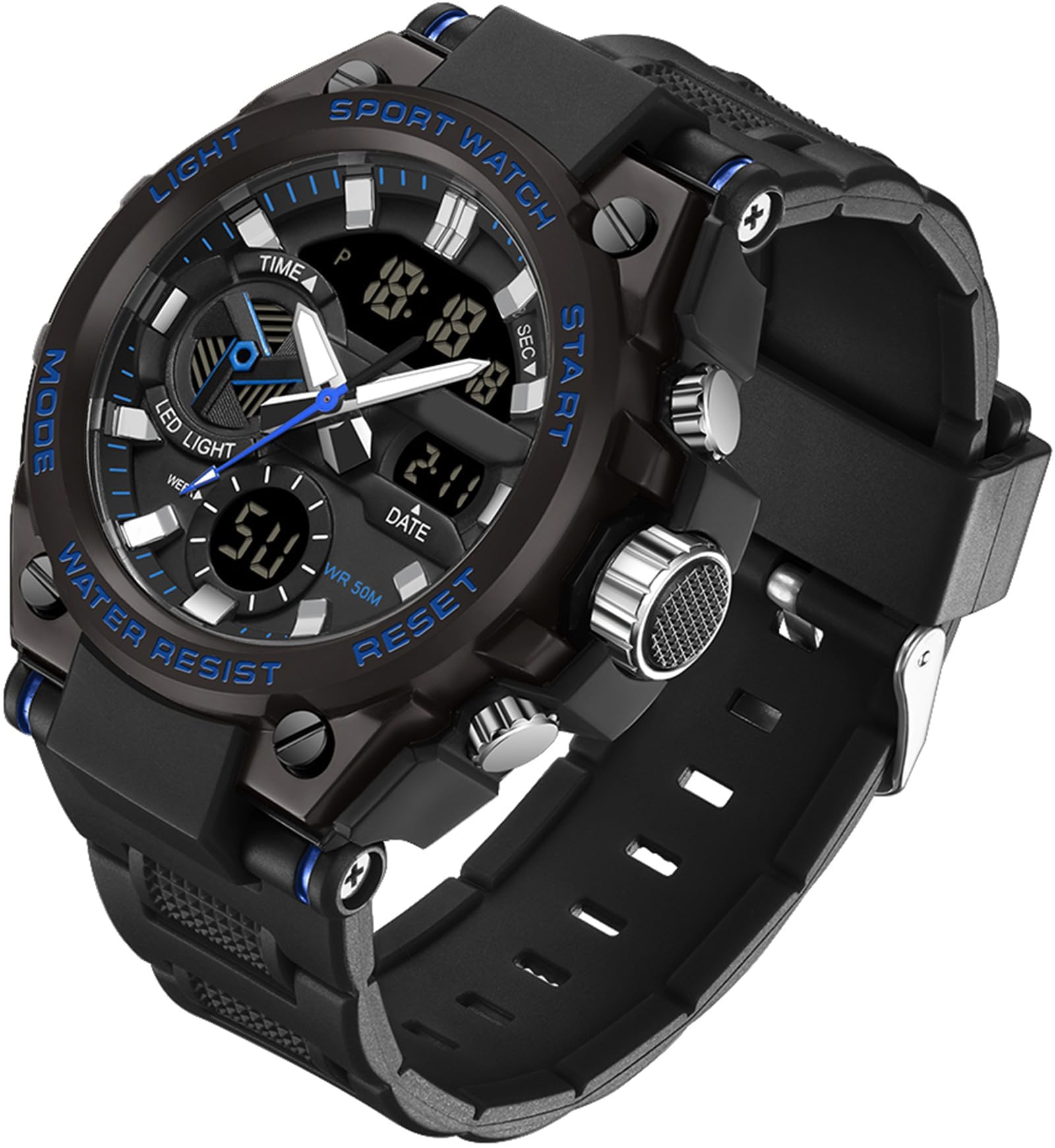 Orologio militare da polso da uomo, multifunzione, analogico, digitale, con cronometro, sveglia per ragazzi, 5 ATM, impermeabile, con illuminazione, data e giorno della settimana, casual