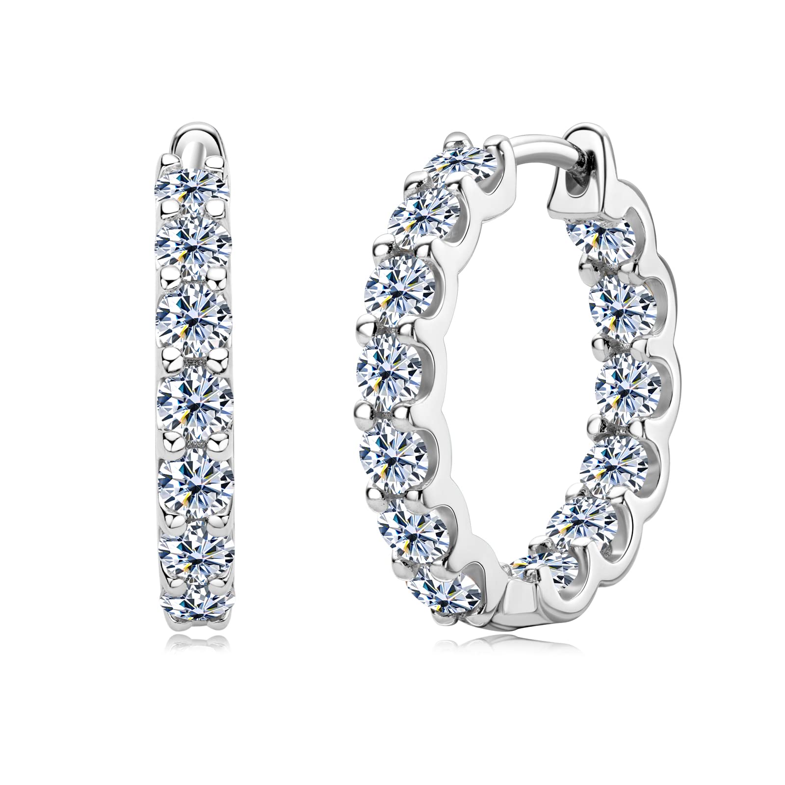 Aretes de aro de moissanita para mujer, plata de ley 925 con diamantes de imitación de moissanita de color D-E, pequeños aretes de aro para orejas sensibles, hipoalergénicos con chapado en oro blanco