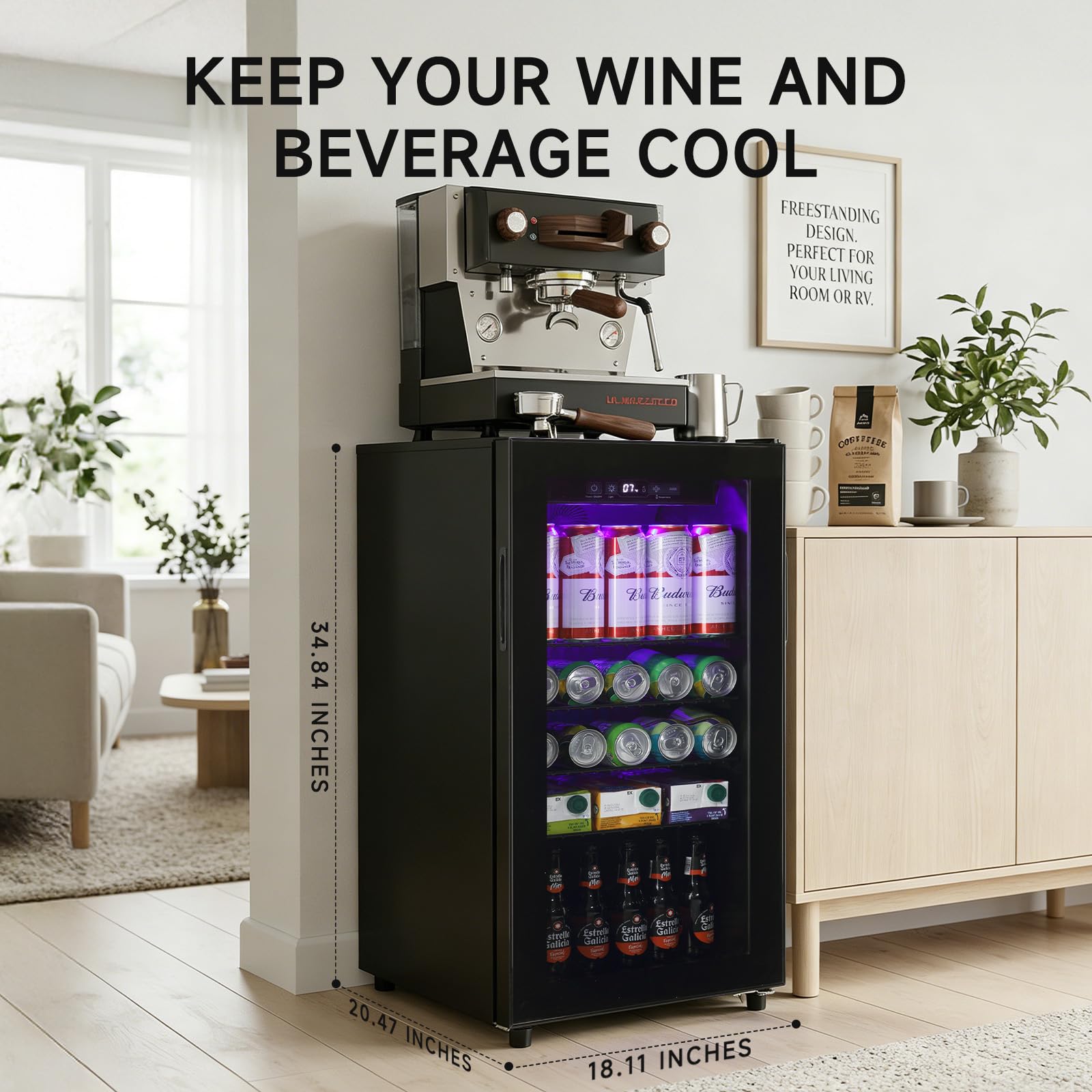 Anypro Mini Fridge 130 Can Beverage Refrigerator Cooler, 3.2 Cu.Ft Drink Fridge For Soda Wine Beer, Beverage Fridge With Glass Door For Home Office Bar, Digital Temperature Control, Adjustable Shelves on Fridge.com - View 6